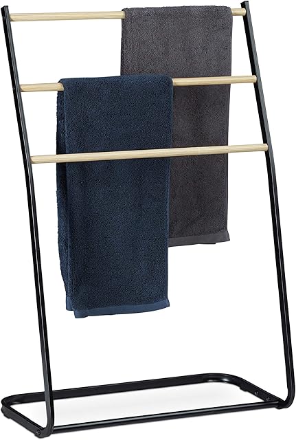 Relaxdays Standing Towel Holder, Metal, 3 Rails with Wooden Look, Clothes Valet, HxWxD 86x58x30 cm, Black, iron, Pack of 1