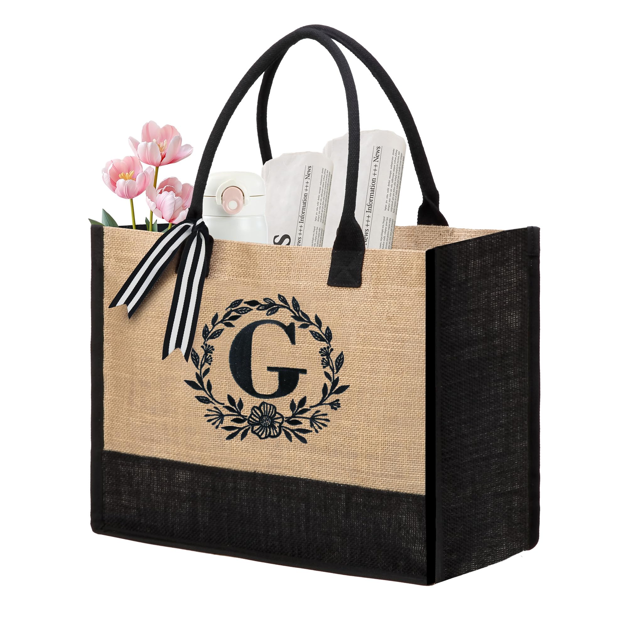 BeeGreen Embroidery Monogram Initial Tote Bag for Women Teacher Mom Friend Personalized Gift for Birthday Beach Wedding Work