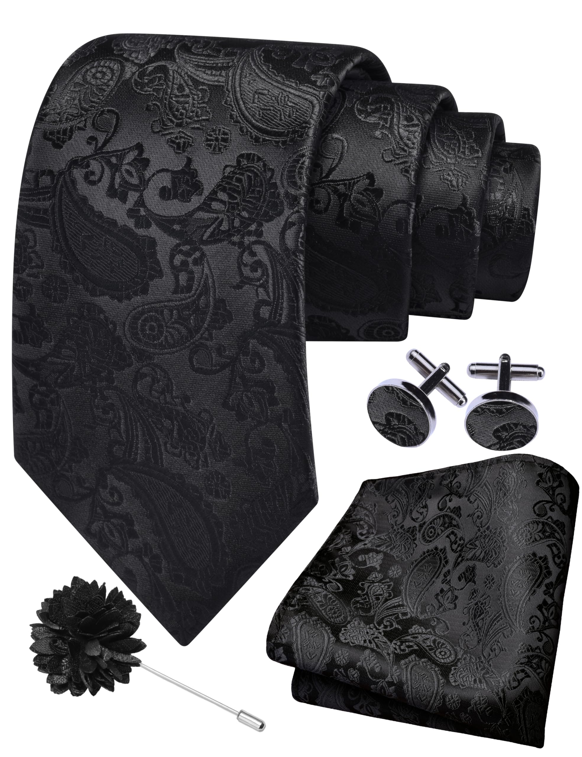 3.15"（8cm） Mens Paisley Necktie Hankerchief Cufflinks Lapel Pin Set for Men