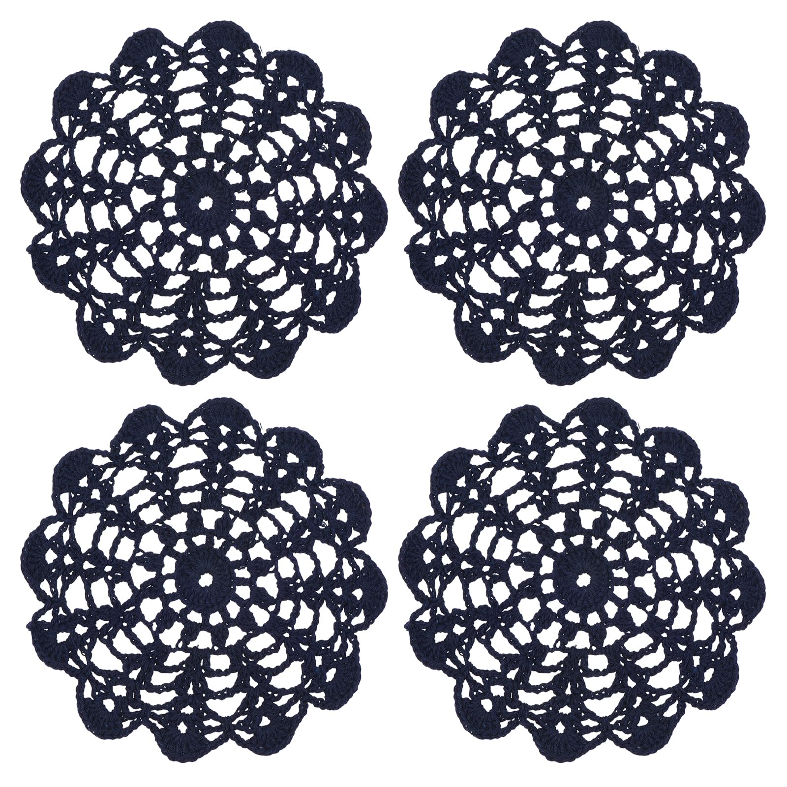 sourcing map 4Pcs Crocheted Cotton Doilies, 14cm Lace Doilies for Tables Cloth Lace Placemats Handmade Tray Doilies Round Cups Coasters for Glasses Crafts Kitchen Dining Room, Navy Blue