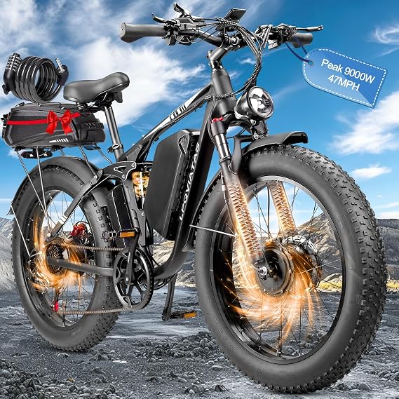 Peak-9000W-Dual-Motor-Electric-Bike for Adults, 58V Max-Output 34AH Battery Up To 105 Miles, 42-46M PH Fast-Dual-Motor-Ebike,24*4 Full-Suspension-Women-Men-Fat-Tire-Electric-Bicycle Mountain Snow