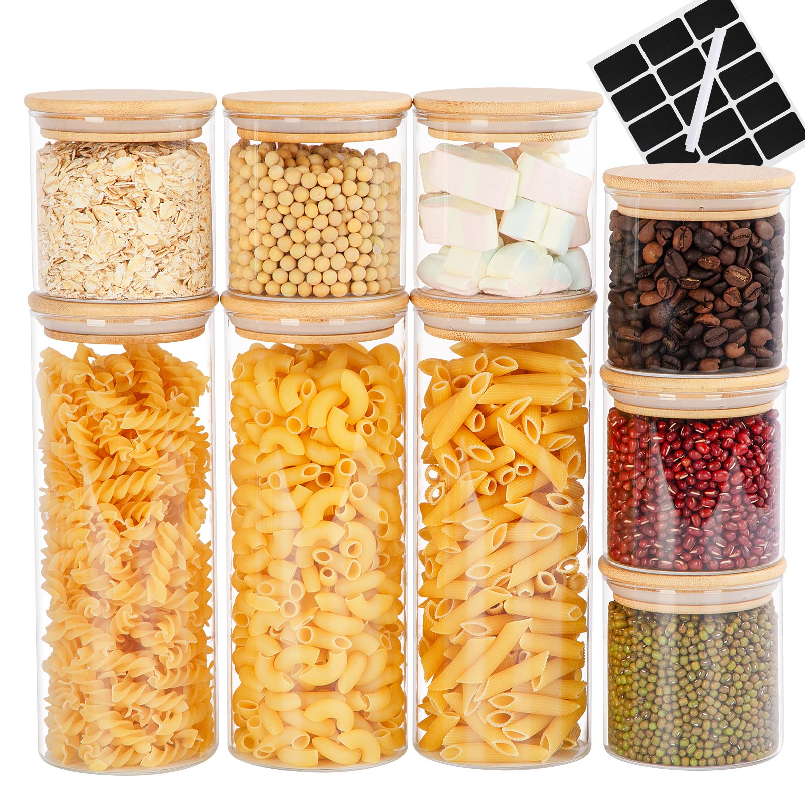 FoiiLiio Barattoli Vetro con Coperchio,Set di 9 barattoli Vetro,barattoli Ermetici con Coperchio,300ml/800ml Barattolis Cucina in Bambù,Vasetti per Cereali Pasta