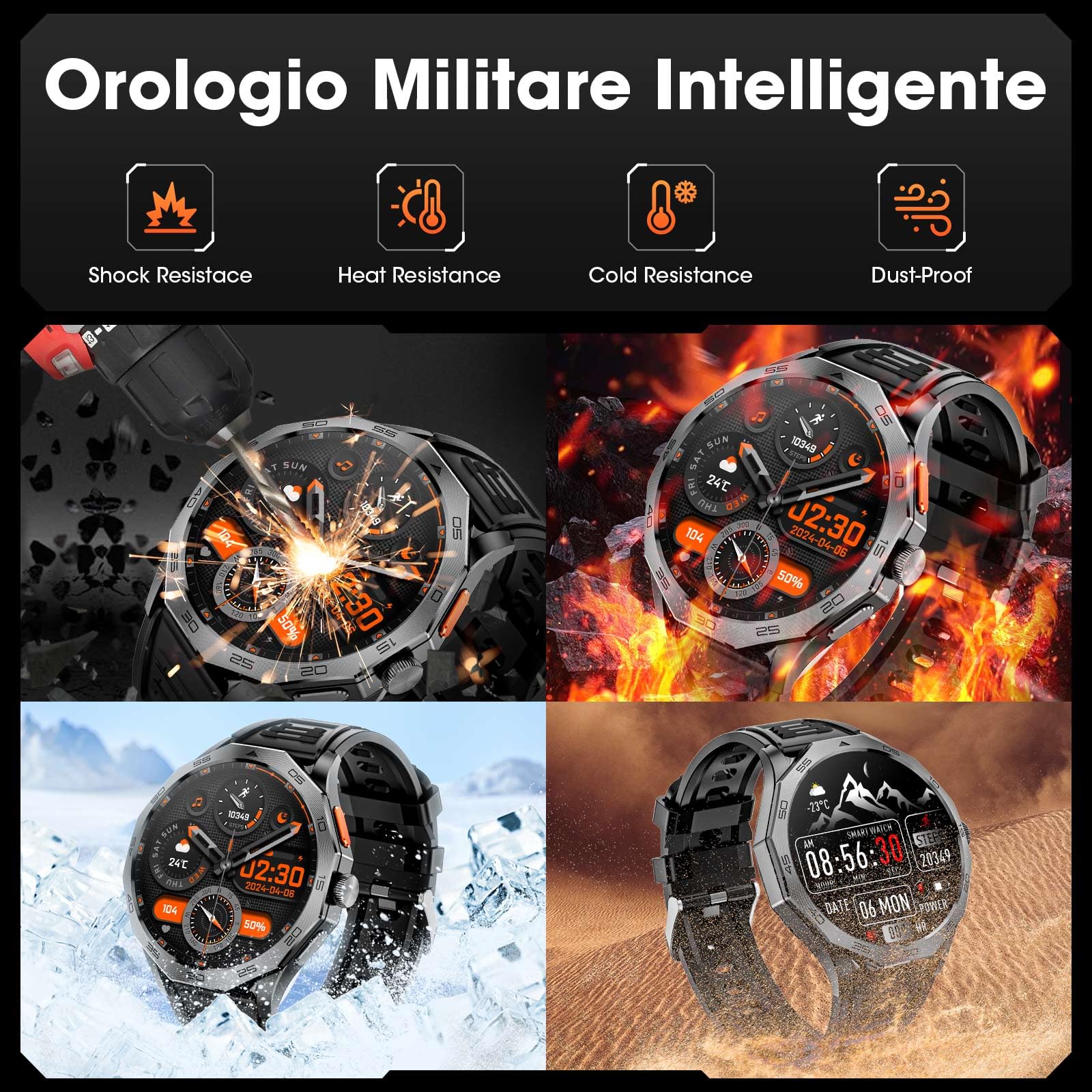 Orologio Militare Uomo 1.85" HD 710mAh IP68 Impermeabile Smartwatch Uomo con Chiamate Bluetooth Smart Watch con Sonno/Cardiofrequenzimetro Orologio Smartwatch Compatibile iOS Android, Nero