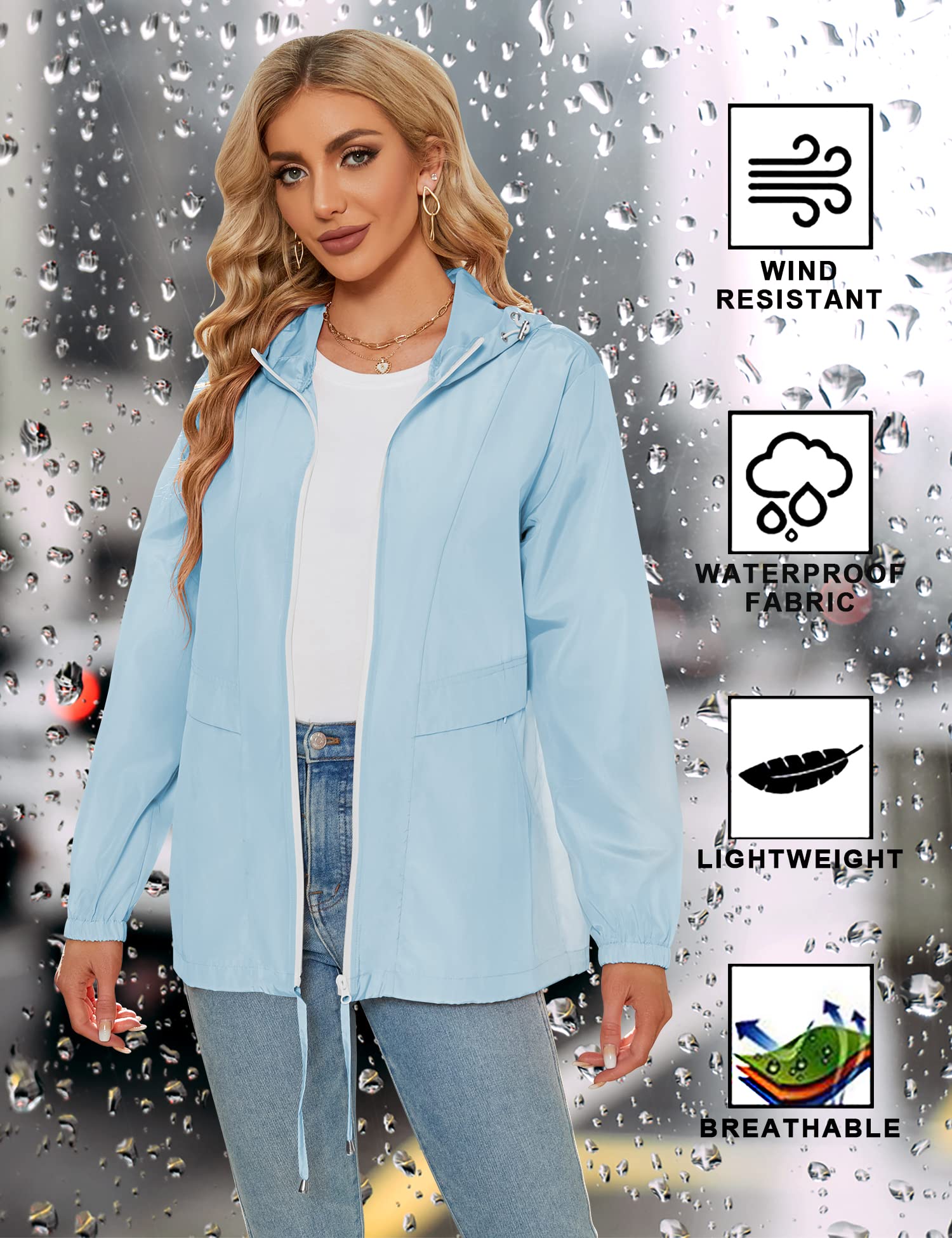 Tisfeer - Impermeabile da donna con cappuccio, leggero, antivento, ripiegabile, giacca a vento con cappuccio