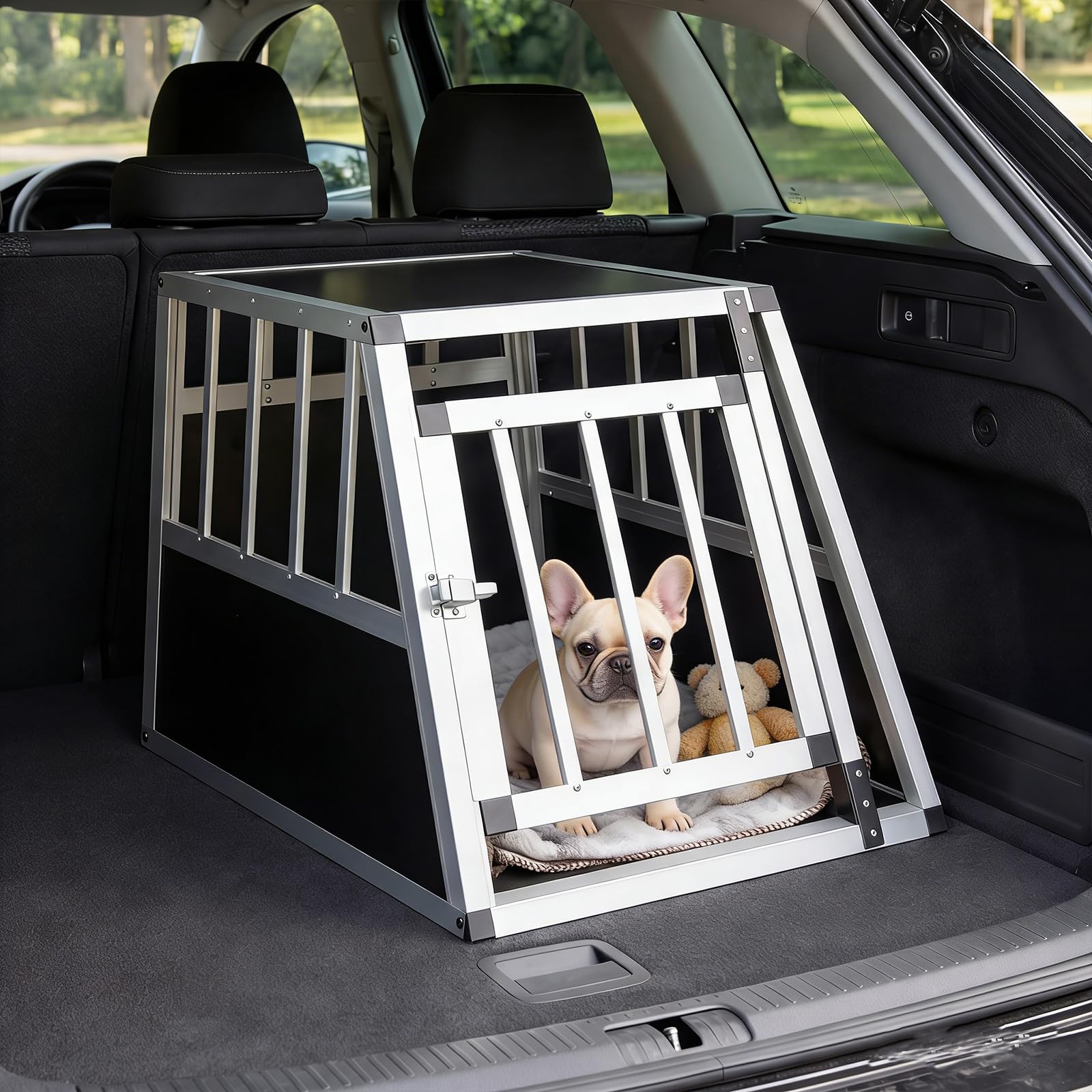 GYMAX Hundebox Auto, Transportbox Hund mit Sicherheitsverschluss, leicht & stabil, Alu Hundetransportbox für Kofferraum, Rückbank & Zuhause (69,5 x 54 x 50,5 cm)