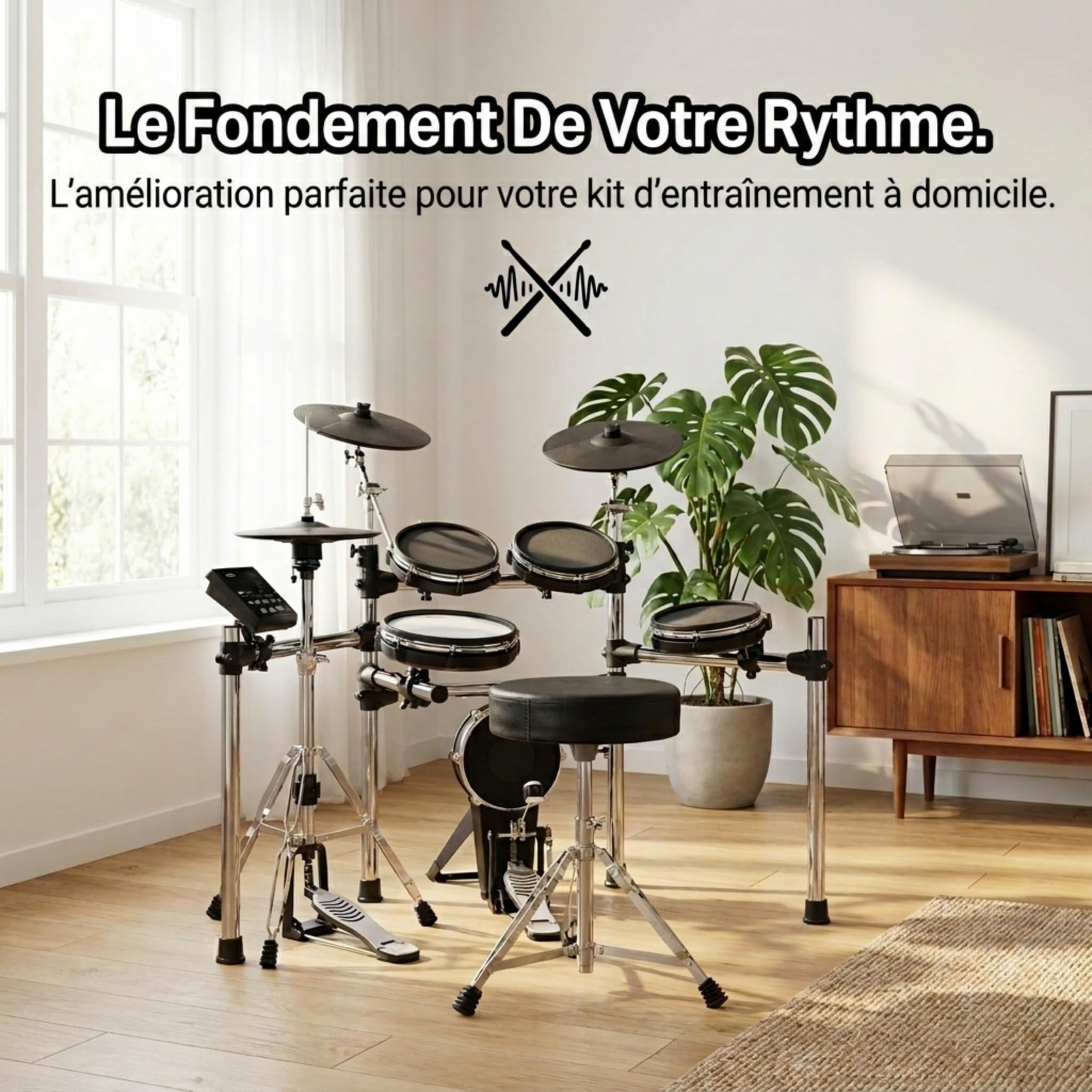 RockJam Tabouret de Batterie Réglable Pivotant Rembourré, Noir | Siège de batteur réglable 45-55 cm, assise pivotante rembourrée 28 cm, pliant, pour batteries acoustiques et électroniques