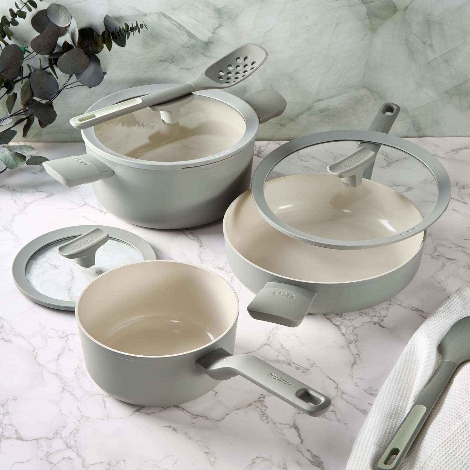 Balance Non-stick Ceramic Cookware Set with Multifunctional Glass Lid, Recycled Aluminum, CeraGreen Non-toxic Coating, Stay-cool Handle, Induction Pan, Moonmist