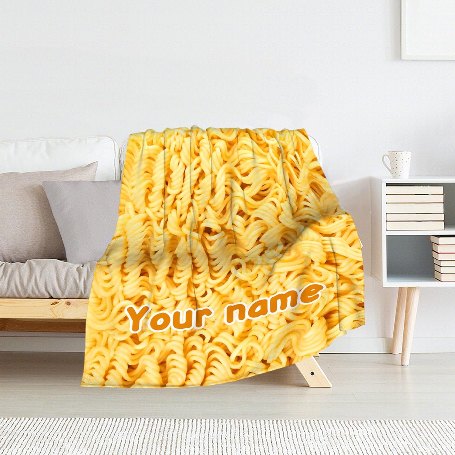 Custom Noodles Blanket for Adults - 60 x 80 Inches Twin Size Yellow Fuzzy Flannel Ramen Blankets - Funny Throw Blanket for Bed, Living Room