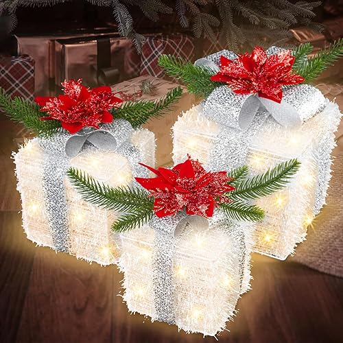 Cajas de regalo iluminadas de Navidad, juego de 3 cajas de regalo iluminadas con 60 luces LED para puerta delantera interior y exterior, patio,