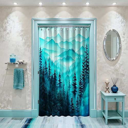 Miniatura 83 de Cortina de ducha azul marino de bosque Cortina de ducha azul oscuro de montaña y naturaleza para decoración de baño de hombres, tela impermeable con