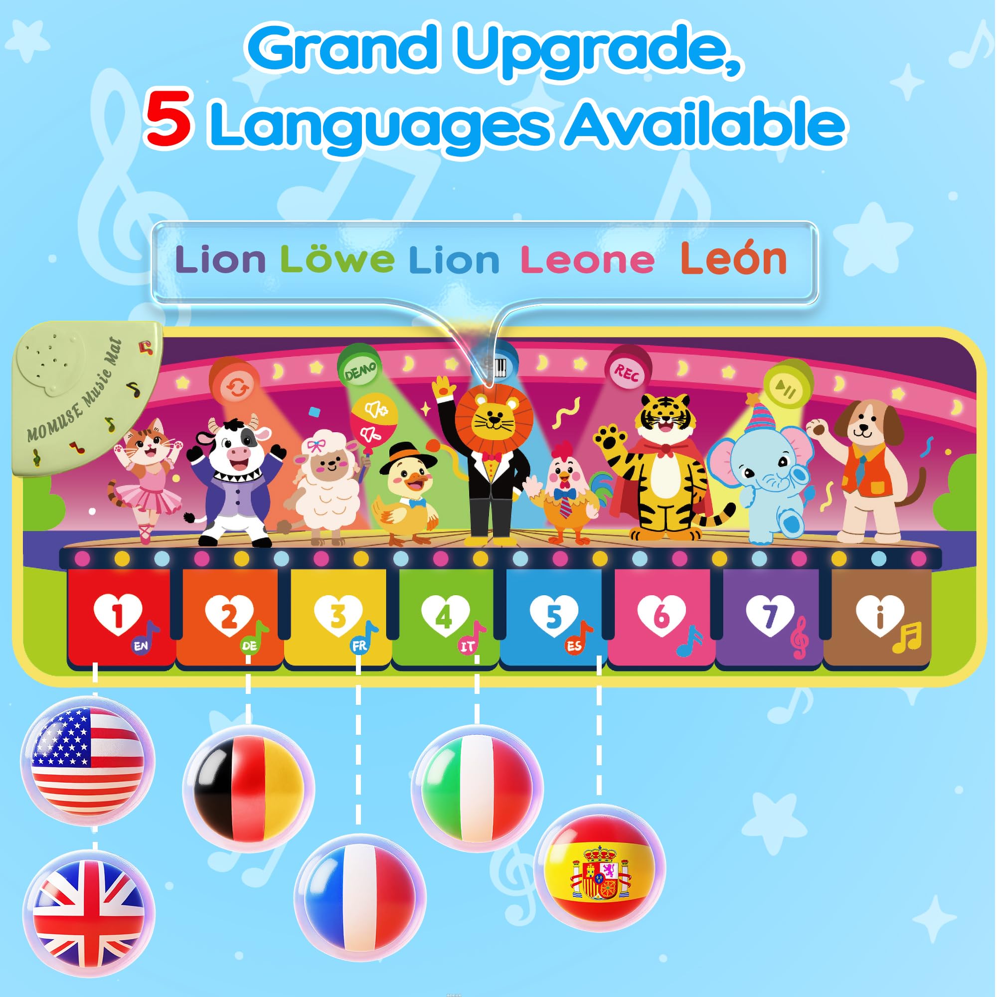 Alfombrilla de piano musical en 5 idiomas (EN/DE/FR/IT/ES) para niños de 1, 2, 3, 4 años, juguete educativo multilingüe para bebés con 9 animales y grabación, portátil, para niños pequeños de 1 3