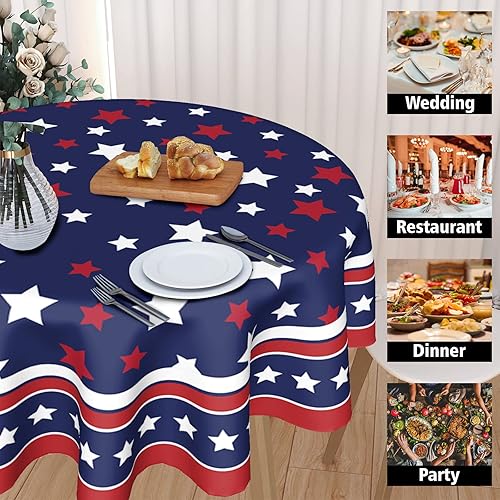 Miniatura 3 de Mantel redondo para el 4 de julio, 60 pulgadas, diseño de bandera estadounidense, Día de la Independencia, lavable, color azul marino, para cocina,