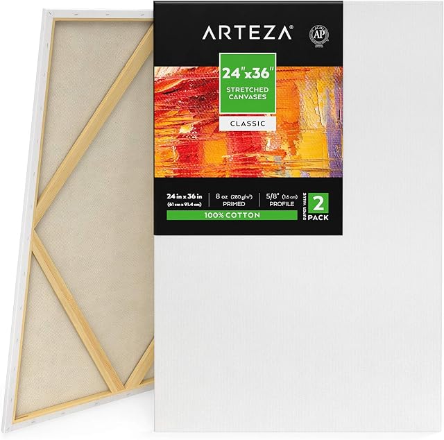 Arteza Stretched Canvas for Painting, Pack of 2, 61 x 91.4 cm, 8-oz Gesso Primed 100% Cotton Large Canvases for Acrylic Painting and Pouring