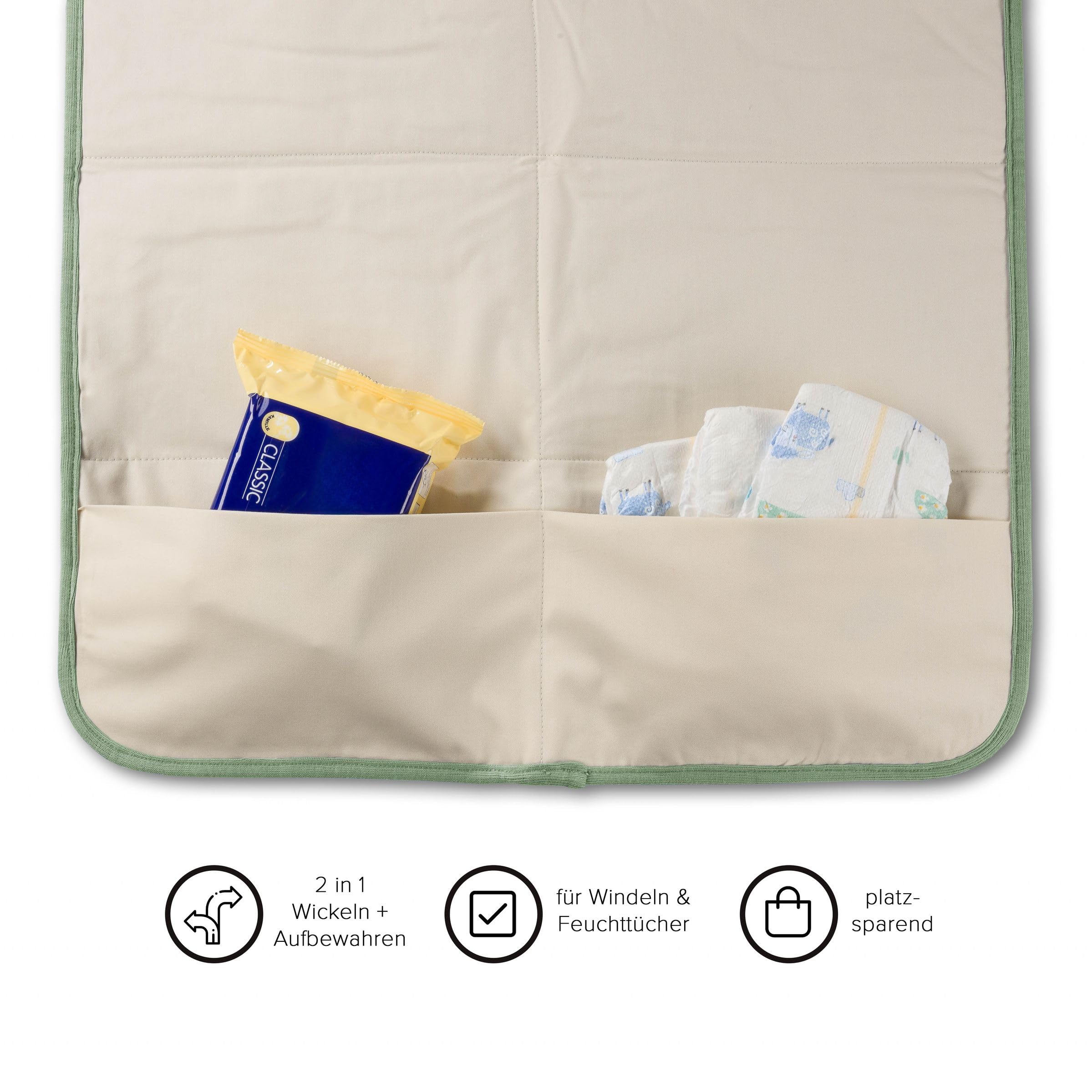 Hofbrucker® Windeltasche, Wickeltasche mit Wickelunterlage für unterwegs, faltbare Wickelclutch mit Organizer für Windeln & Feuchttücher, Abwischbar, Must Have für die Baby Erstausstattung (Salbei)