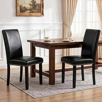 LSSBOUGHT Modern Leather Dining Chairs Set of 2 with Studded TrimBlack