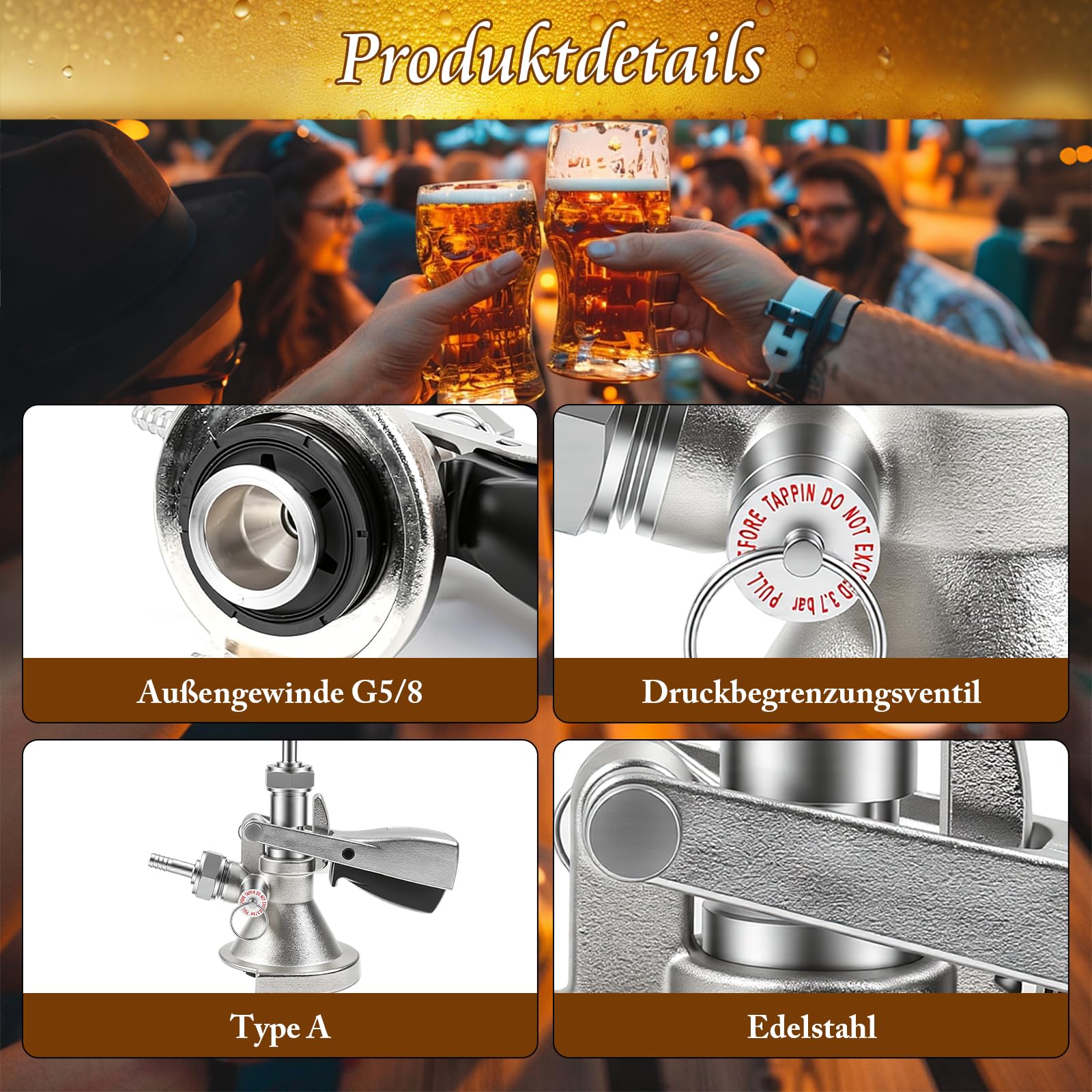Kegverschluss Zapfkopf Typ A G5/8 Gewinde mit Überdruckventil, Brauen Fassbier Fasshähne 304 Edelstahl Bierzapfhahn für Bars Restaurants Familienfeiern