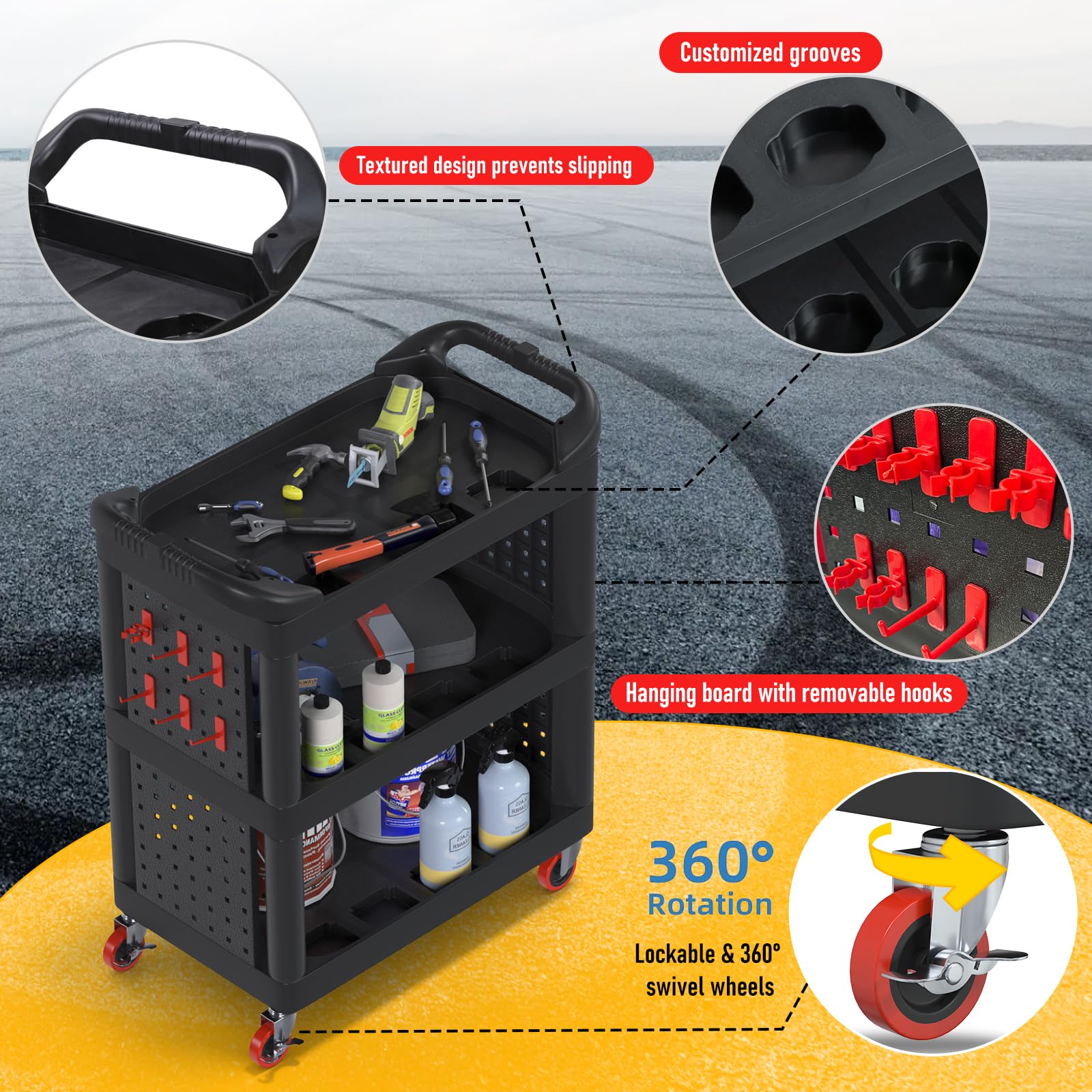 Car Detailing Cart With Wheels,3 Tier Car Wash Detail Cart With Side