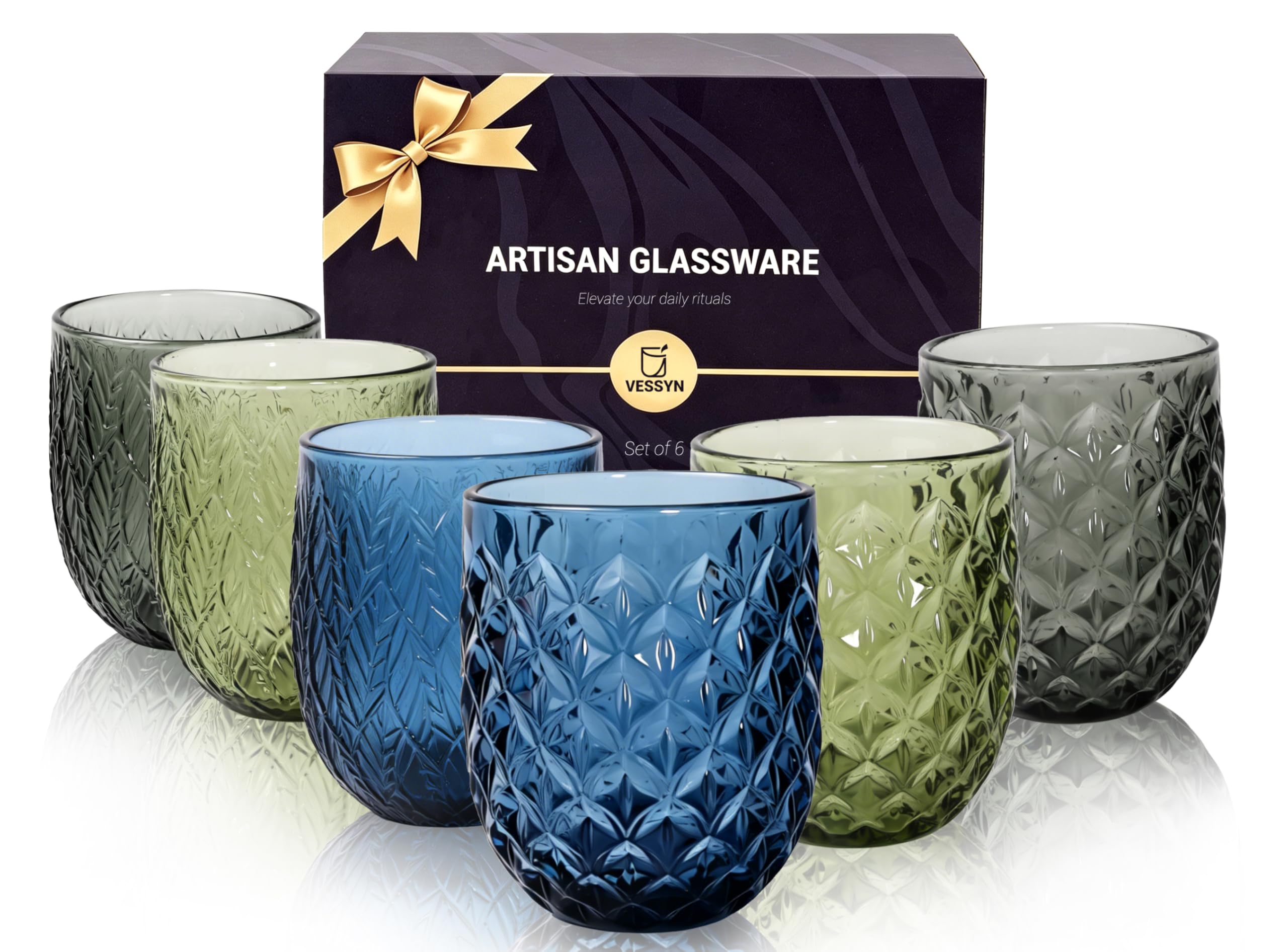 Vessyn Coloured Drinking Glasses Set of 6, 370ml Large Water Tumblers in Modern Nature Design (Leaf & Wave Relief Pattern), Dishwasher Safe Solid Glass Cups for Juice, Cocktails, Beer, Mixed Colours — image 1