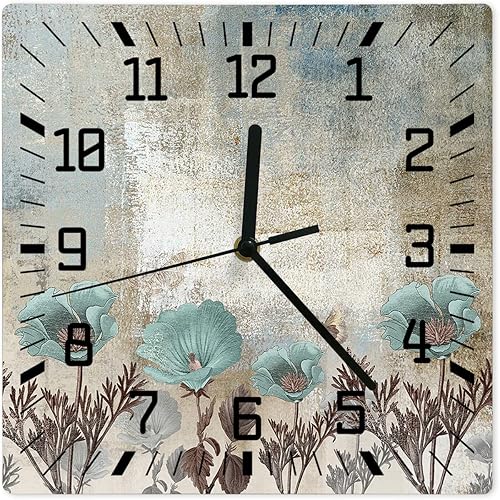 Reloj de pared cuadrado silencioso sin tictac, arte abstracto, textura vintage, flores verde azulado, relojes de pared que funcionan con pilas,
