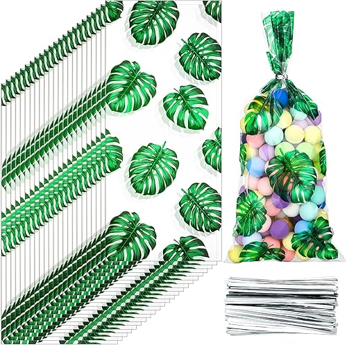 Thenshop 100 bolsas hawaianas de celofán Luau para golosinas, hojas de palmera tropical, selva, Aloha, bolsas transparentes de regalo de golosinas