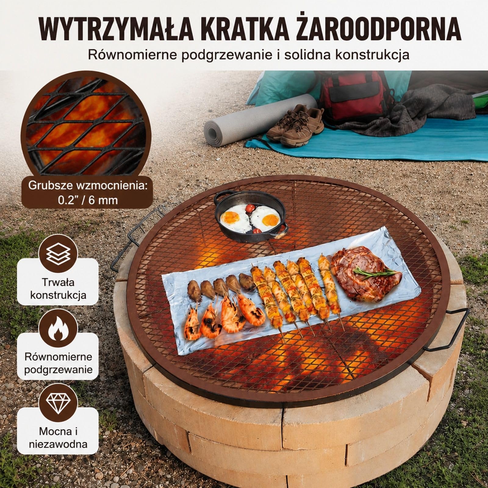 Okrągły stalowy ruszt do paleniska, czarna siatka z uchwytami i podporą X-wire do kempingu, imprez plenerowych oraz spotkań
