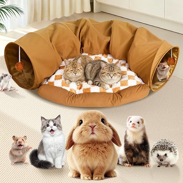 Tunel para Gatos, Juguete 2 en 1 Tunel Gatos con Túneles, Lavable, con Escondite Extraíble