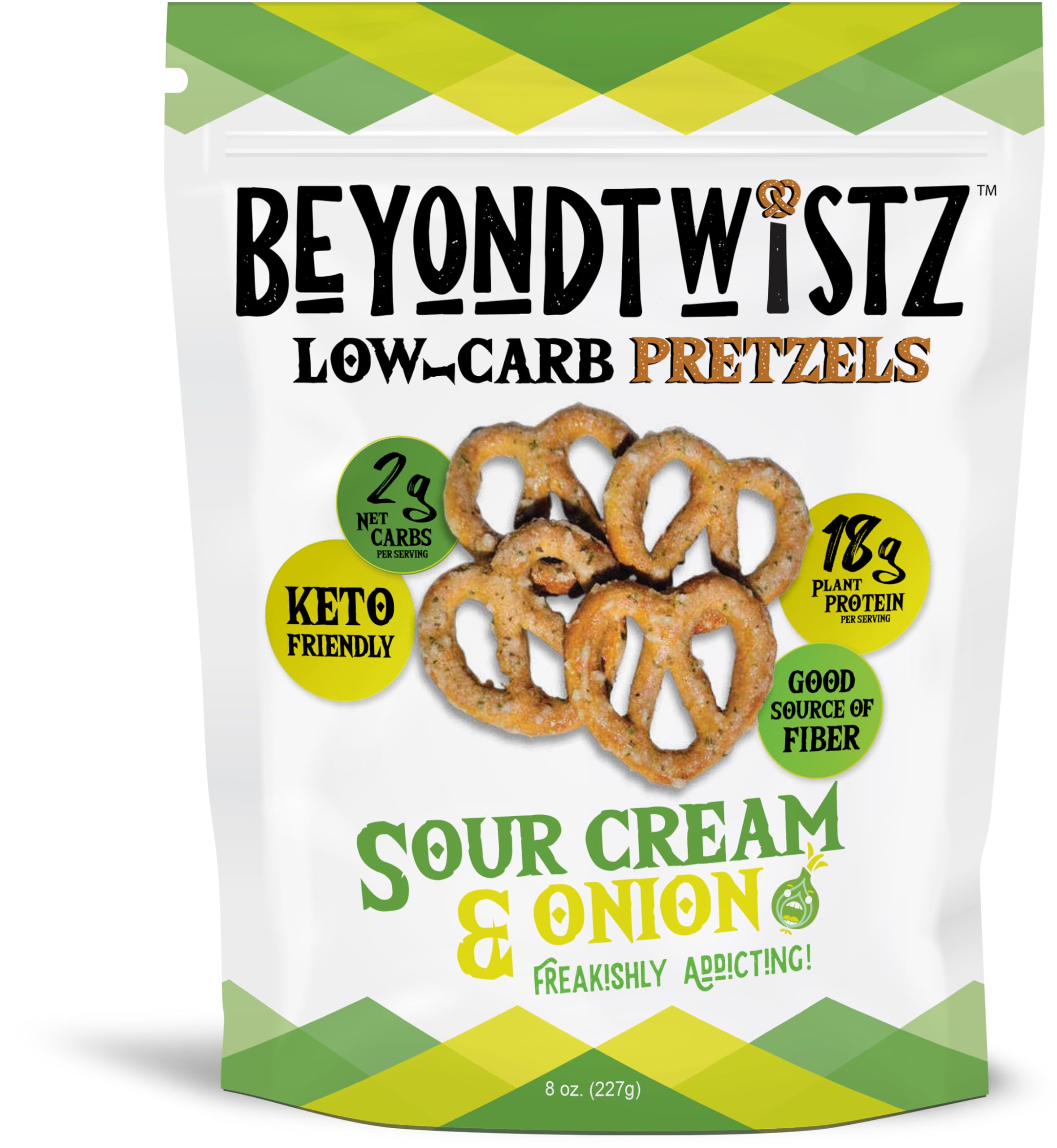 BeyondTwistz Low Carb Pretzels, Sour Cream and Onion, Keto Friendly, 2g Net Carbs, 18g Protein, Powered By HealthSense® High Fiber Wheat Flour, Family Size 8oz Bag, Pack of 3