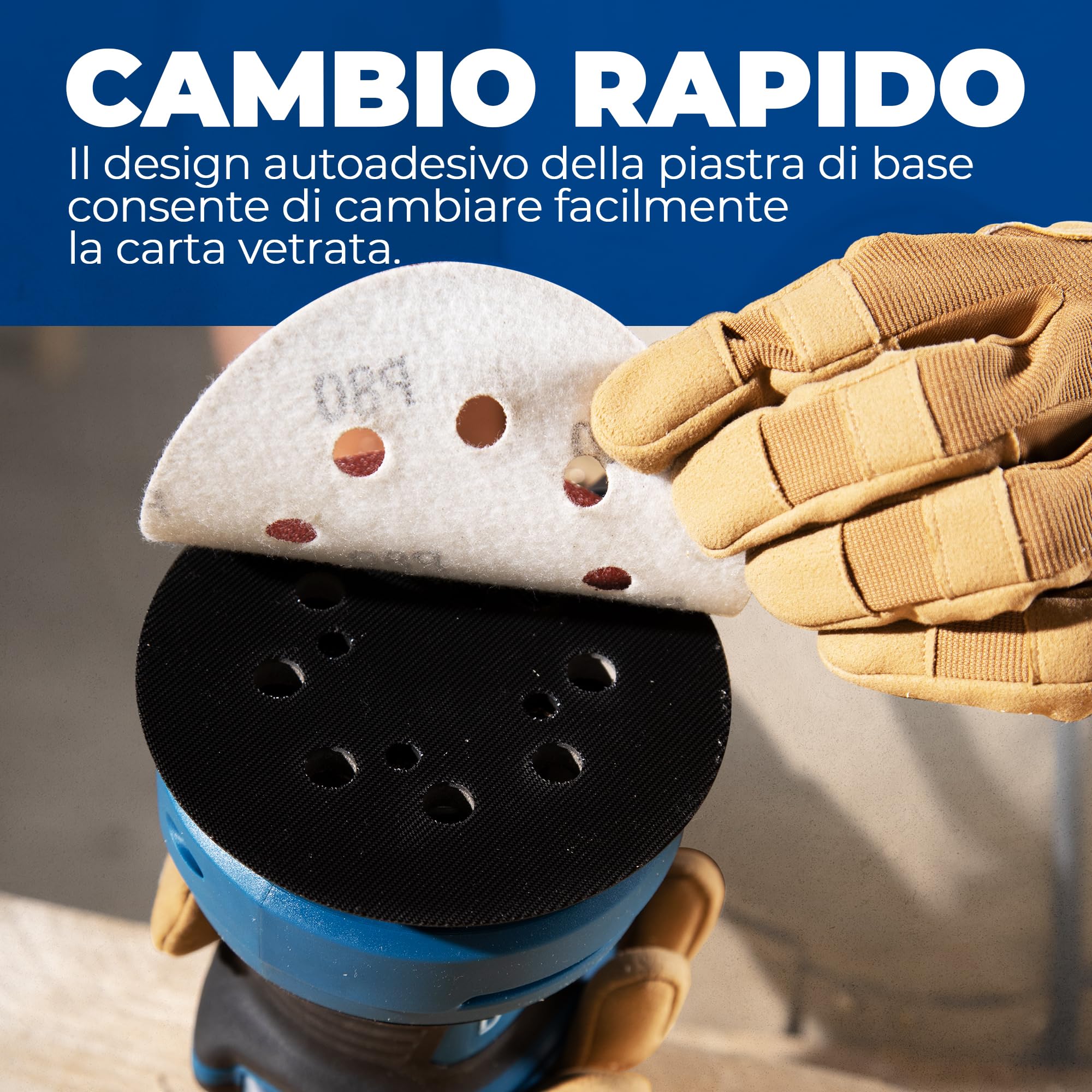 Dong Cheng Levigatrice eccentrica 380 W, 125 mm, 6 vel., orbitale 8000-12800 giri/min, con depolveratore, 20 dischi abrasivi, ideale per legno