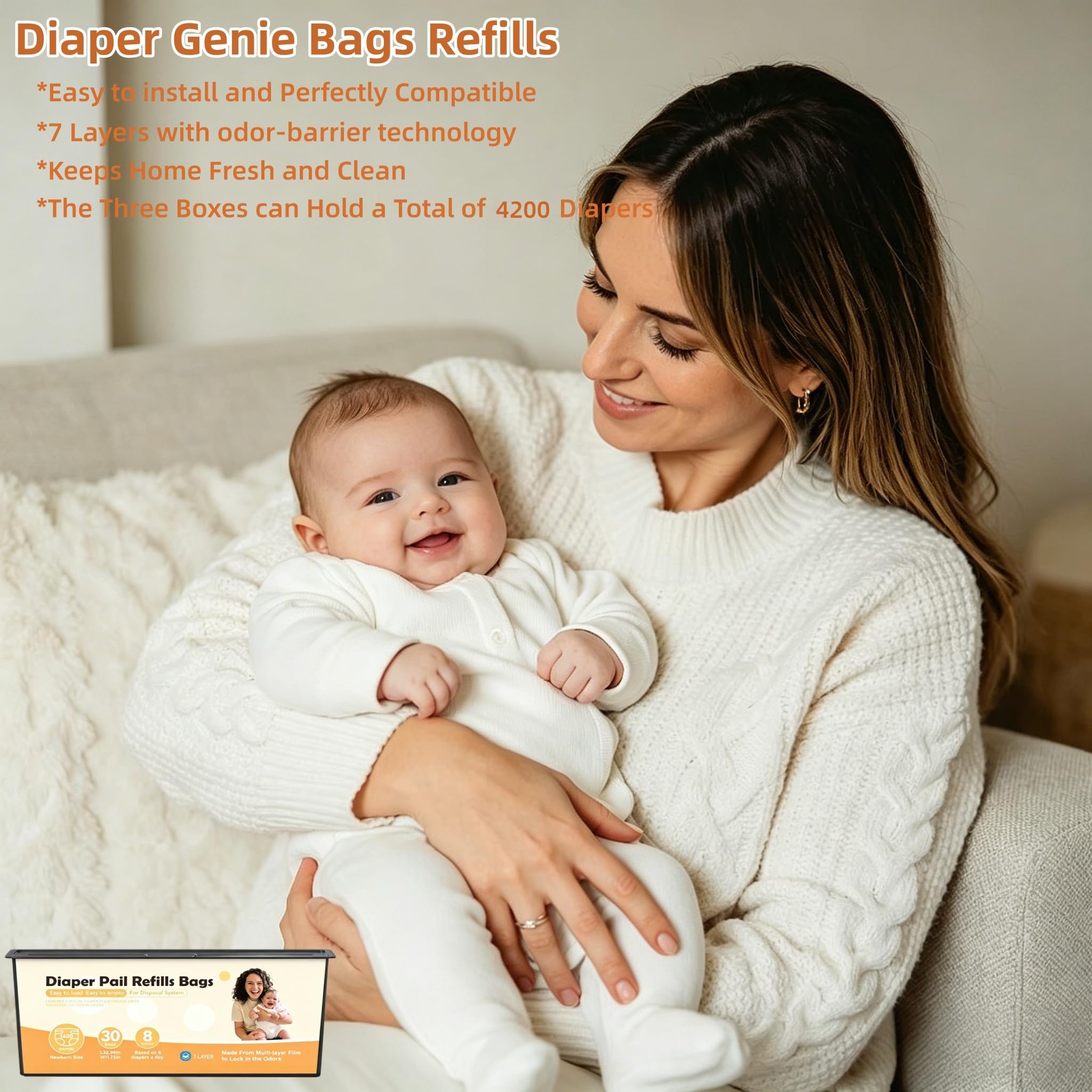 Paquete de 3 repuestos para cubos de pañales (90 bolsas en total) – Compatible con Genie Easy Roll Signature & Platinum, barrera de olor de 7 capas, a prueba de fugas y duradero