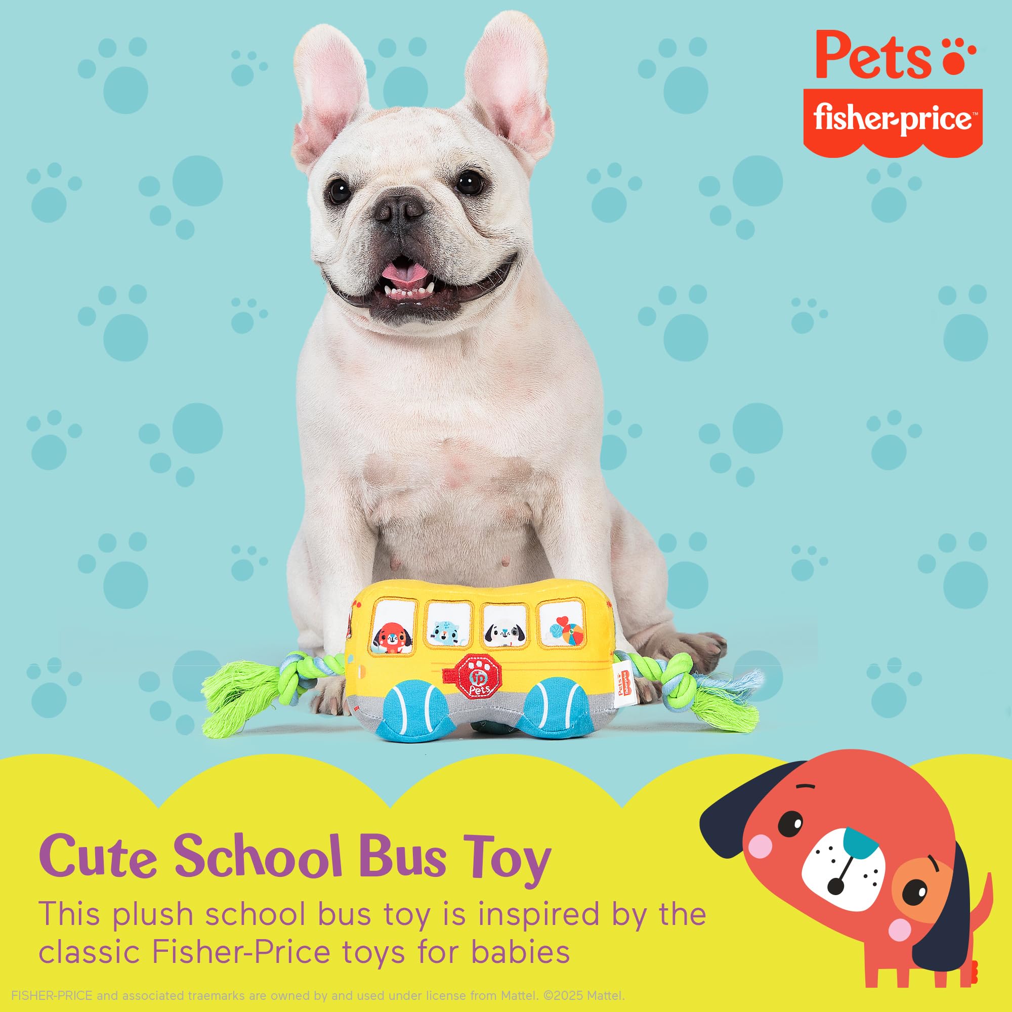 Fisher-Price Zabawka dla zwierząt domowych, autobus szkolny, zabawka dla psów, zabawka dla psa z liną, pluszowa zabawka dla psa z piszczałką wewnątrz, rozwojowe zabawki dla psów