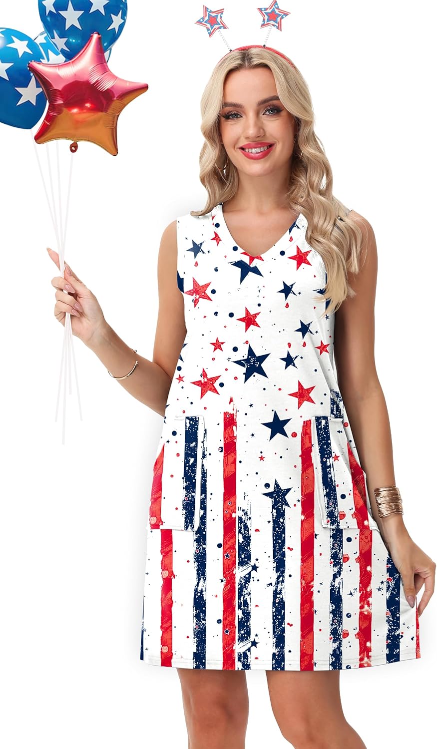 Deerose July 4th Sleeveless Dress American Flag Swim Cover Up Dress with Pockets - Image 2