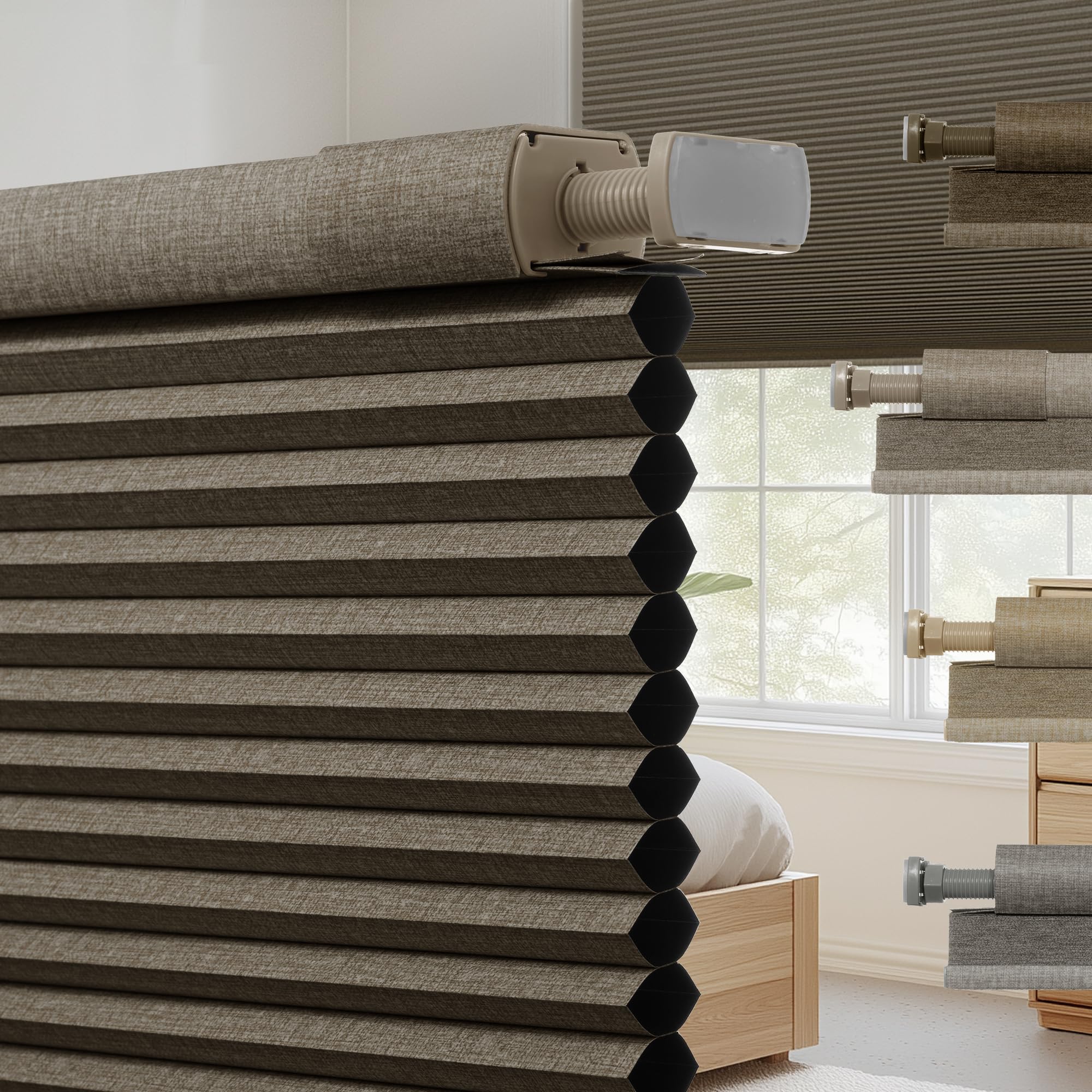 Boolegon No Drill No Tools Cellular Shades Cordless Linen Texture Wrapped Honeycomb Blinds for Indoor Windows Blackout Blinds for Bedroom Living Room,