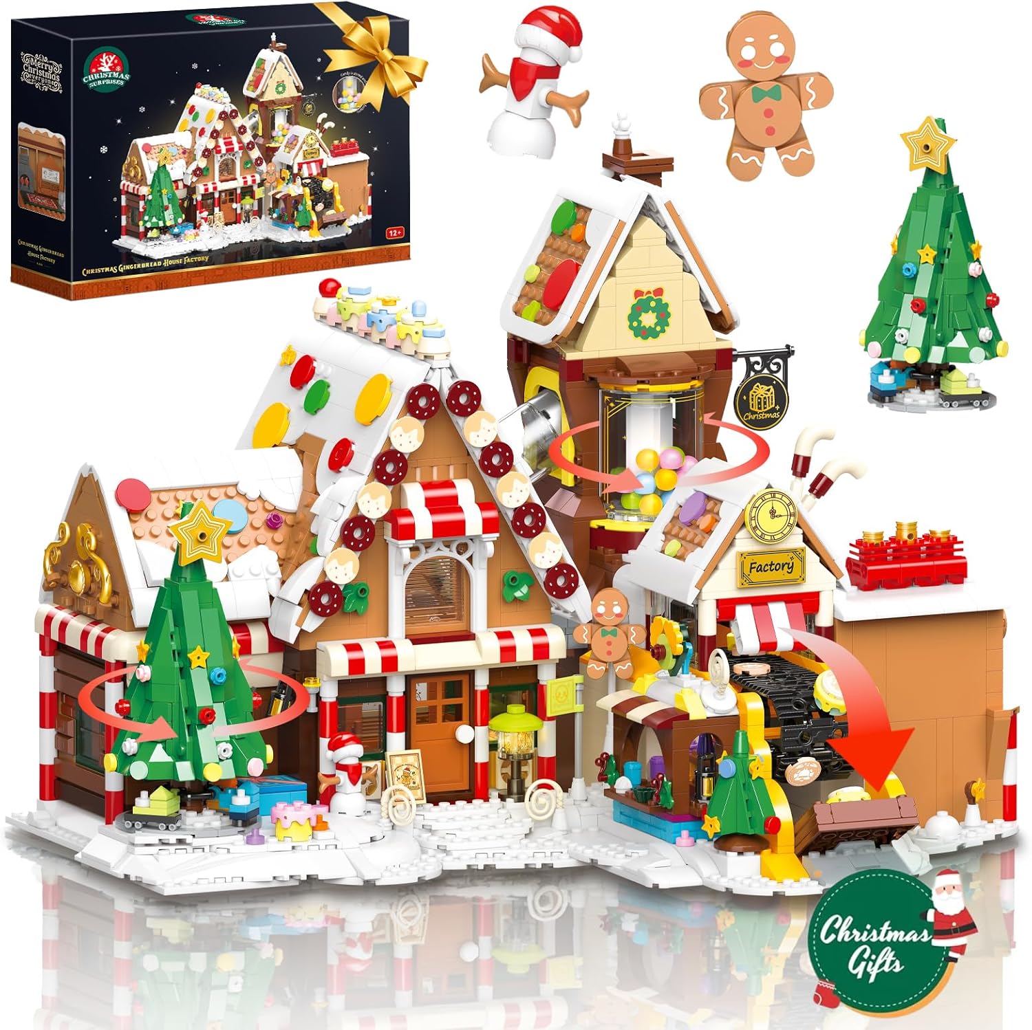 Magnetic Christmas Gingerbread House Building Set - 651 Pcs Dynamic Model with Music, Rotating Tree & Moving Snowman - Magnetic Santa Claus for Interactive Play Christmas Decor Gift