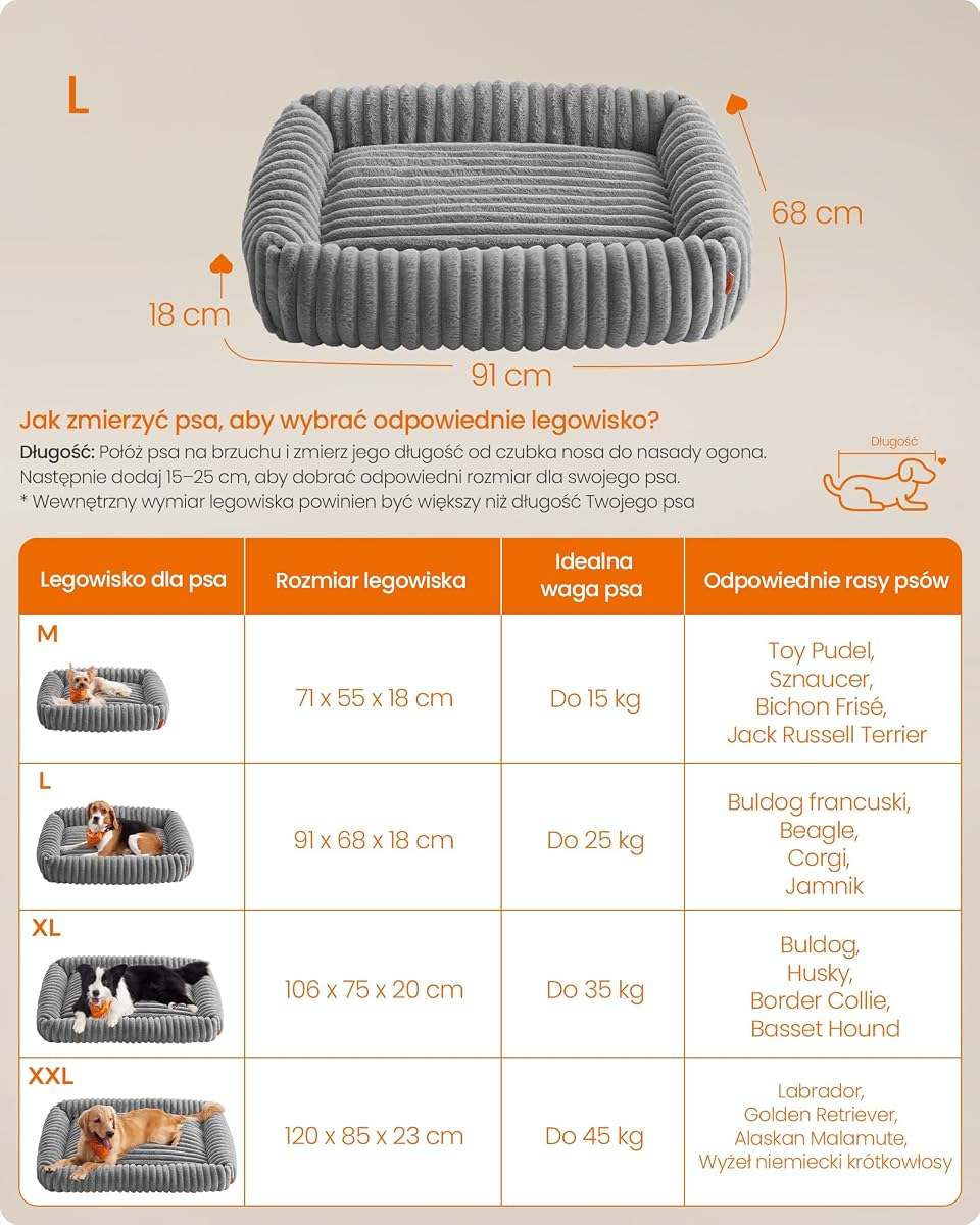 Feandrea Legowisko dla psa, duże ortopedyczne legowisko dla psa, zmywalna poduszka, miękkie, miękkie wypełnienie, 91 x 68 x 18 cm, gołębia szarość PGW312GD01