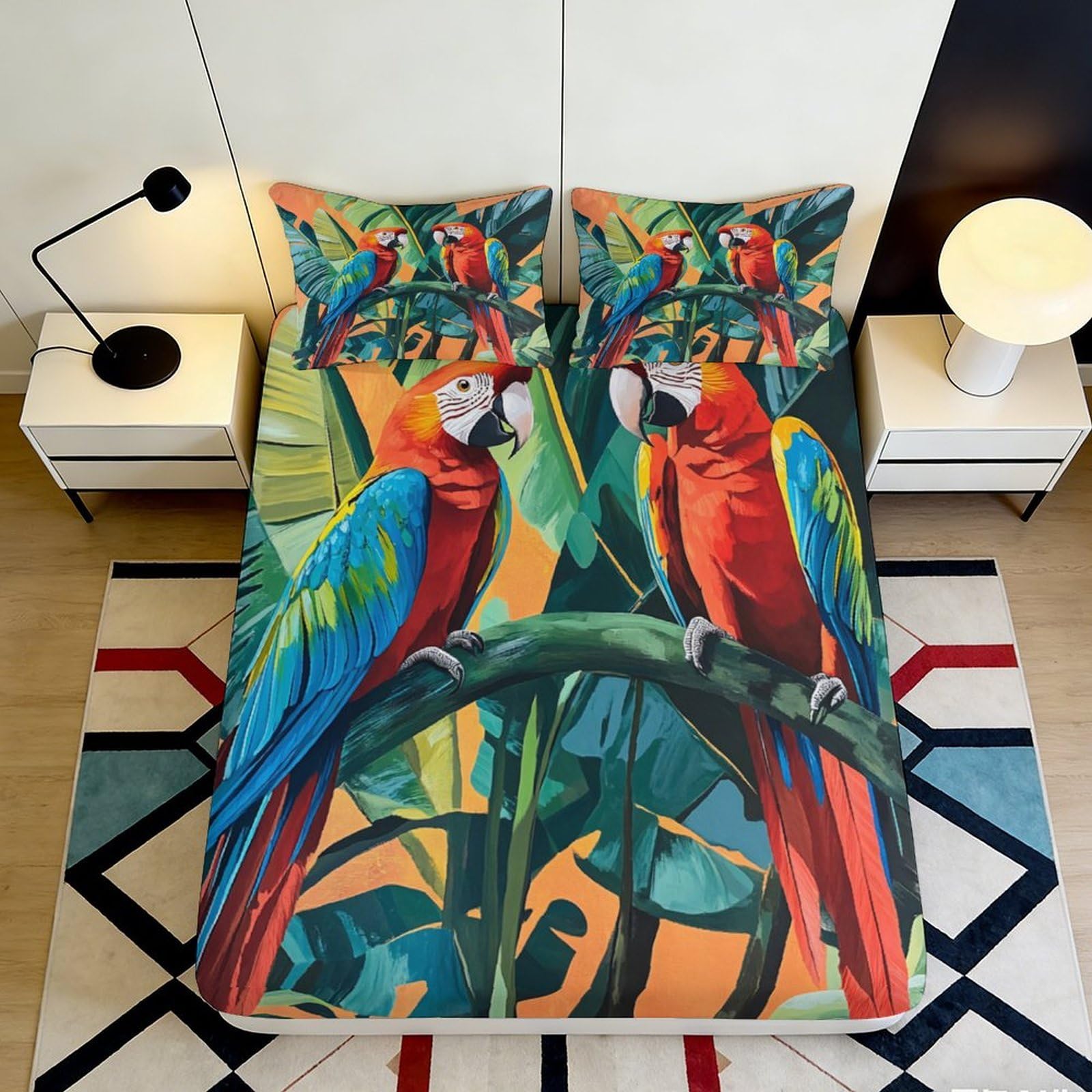 3D Printed Tropical Parrot Fitted Sheet Microfiber Vibrant Jungle Leaves Bed Cover for Bedroom Guest Room Home Decor 180x200x25cm
