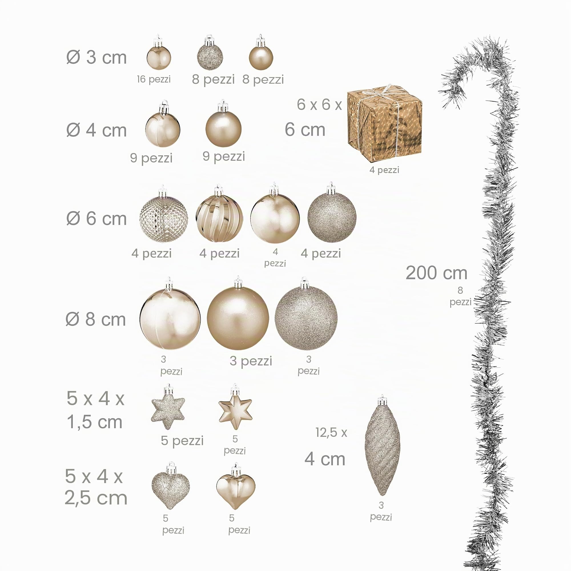 Relaxdays Set da 110 Palline di Natale, Addobbi Natalizi, Palle Opache, Lucide, Glitterate, in Plastica, Deco, Champagne