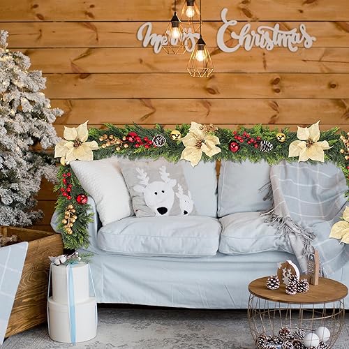 Miniatura 8 de Guirnalda de cedro de Navidad de 6 pies para manto, 1 guirnalda de pino de Navidad realista con flores, bayas, bolas de piñas, guirnaldas