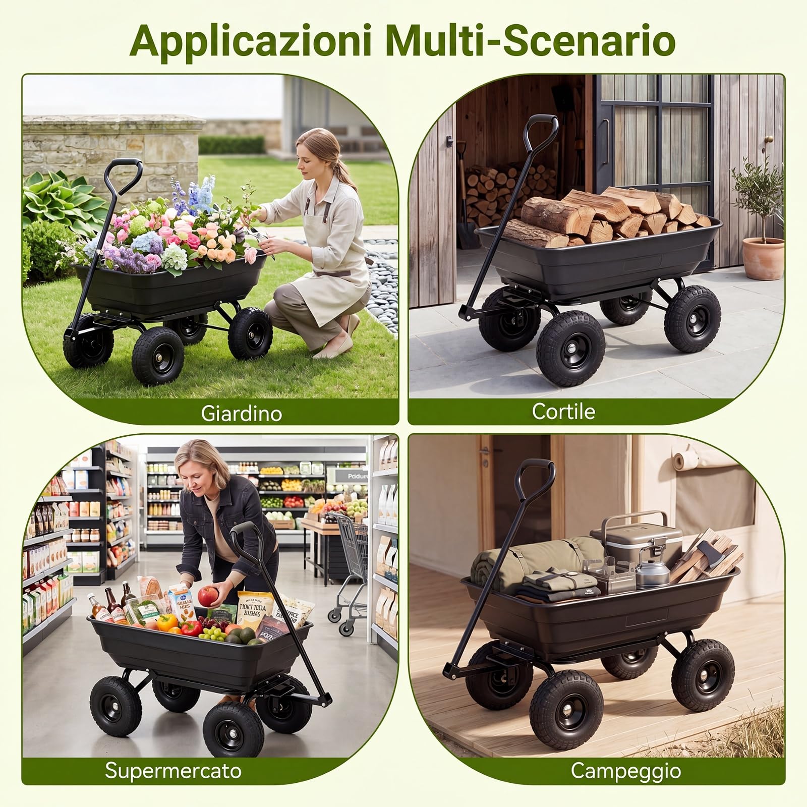 COSTWAY Carrello da Giardino 75 L Portata 300 kg, Carriola da Giardino Ribaltabile con 4 Ruote Pneumatiche, Manico Regolabile e Impugnatura Morbida, Carriola da Muratore da Esterno