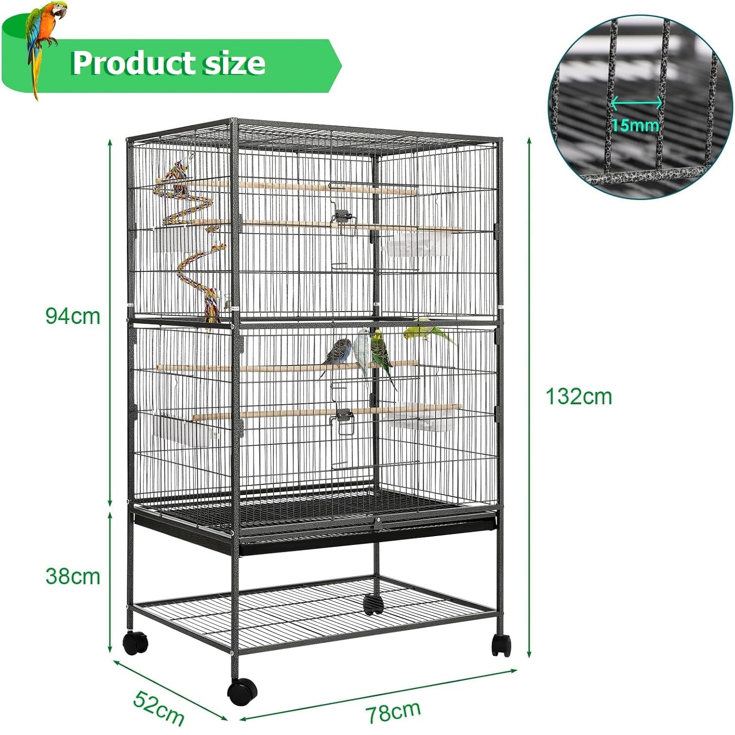 LIFERUN Jaula para Pájaros, Jaula Pajaros Grande con 4PCS Ruedas, 2 Puertas, 4 Comederos, 4 Perchas, Rejilla Extensible, para Loros Canarios Periquitos, Metal Jaula Pajaros, 132 x 78 x 52CM (Negro)