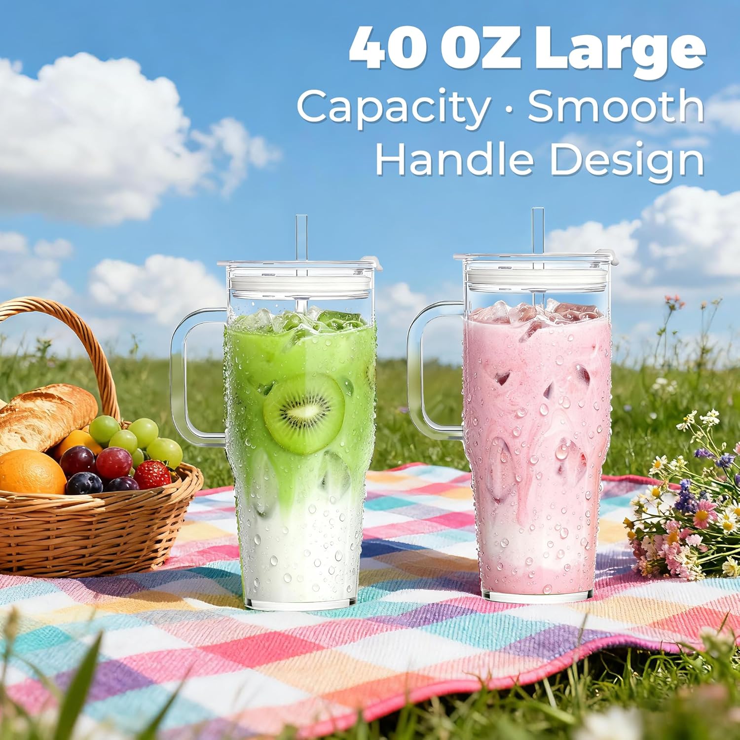 2Pack 40OZ Glass Tumbler with Handle,Glass Cup with Lid and Straw,Reusable Glass Iced Coffee Cup for Beer, Smoothies, Juice,Hot/Cold Drinks-Suitable for Birthday,Wedding,Christmas Gifts