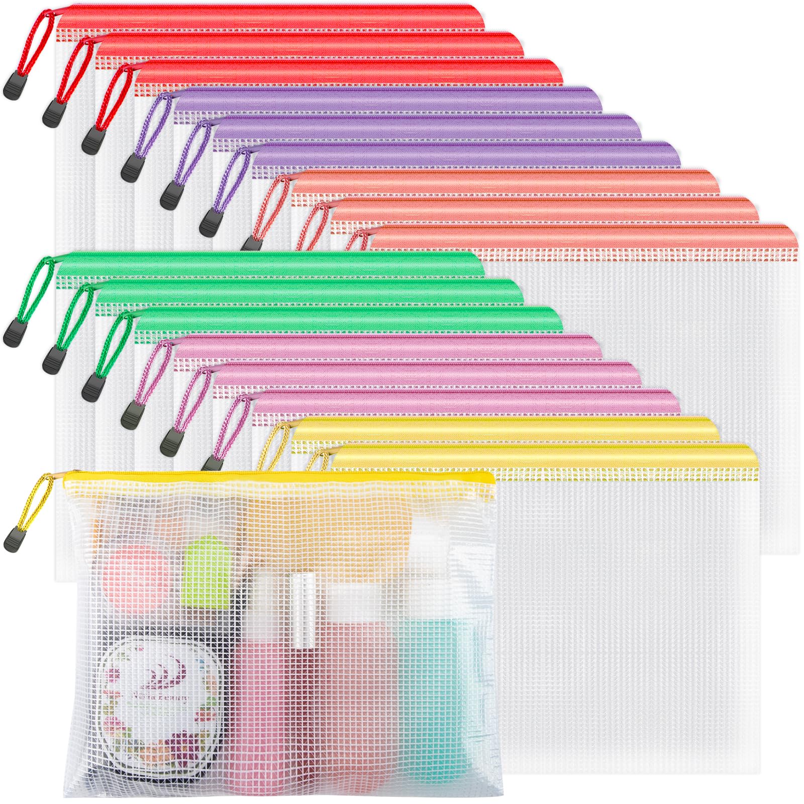 Umriox Zipper Mesh Document Pouch, 9.5x7.1 in (6 Colors, 18 Packs), Clear Zipper Pouches, Waterproof Zipper Pouches for Office Supplies Cosmetics