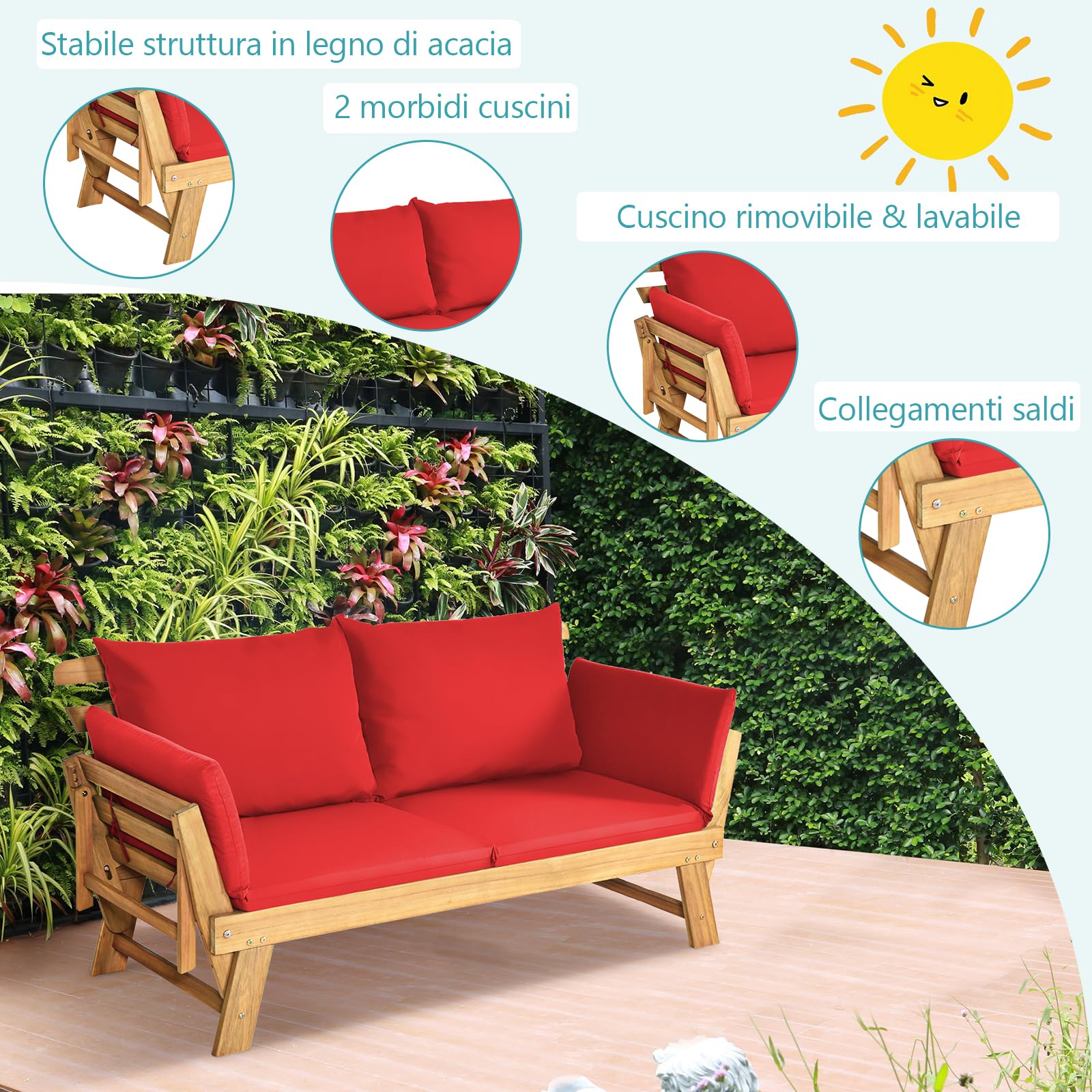 GYMAX 2 in 1 Divano da Esterno 2 Posti, Divano Letto da Giardino con Cuscino, Sdraio da Giardino Pieghevole in Legno con Braccioli Regolabili, Set Divano Giardino, 157-198 x 75 x 75 cm (Rosso)