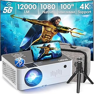 Projector With Wifi and 5.1 Bluetooth, 5G WiFi Native 1080P/12000L 4K Supported, Portable Outdoor with Carry Bag Projector Video Projector Phone Projector with Screen for iPhone,TV Stick, Mac