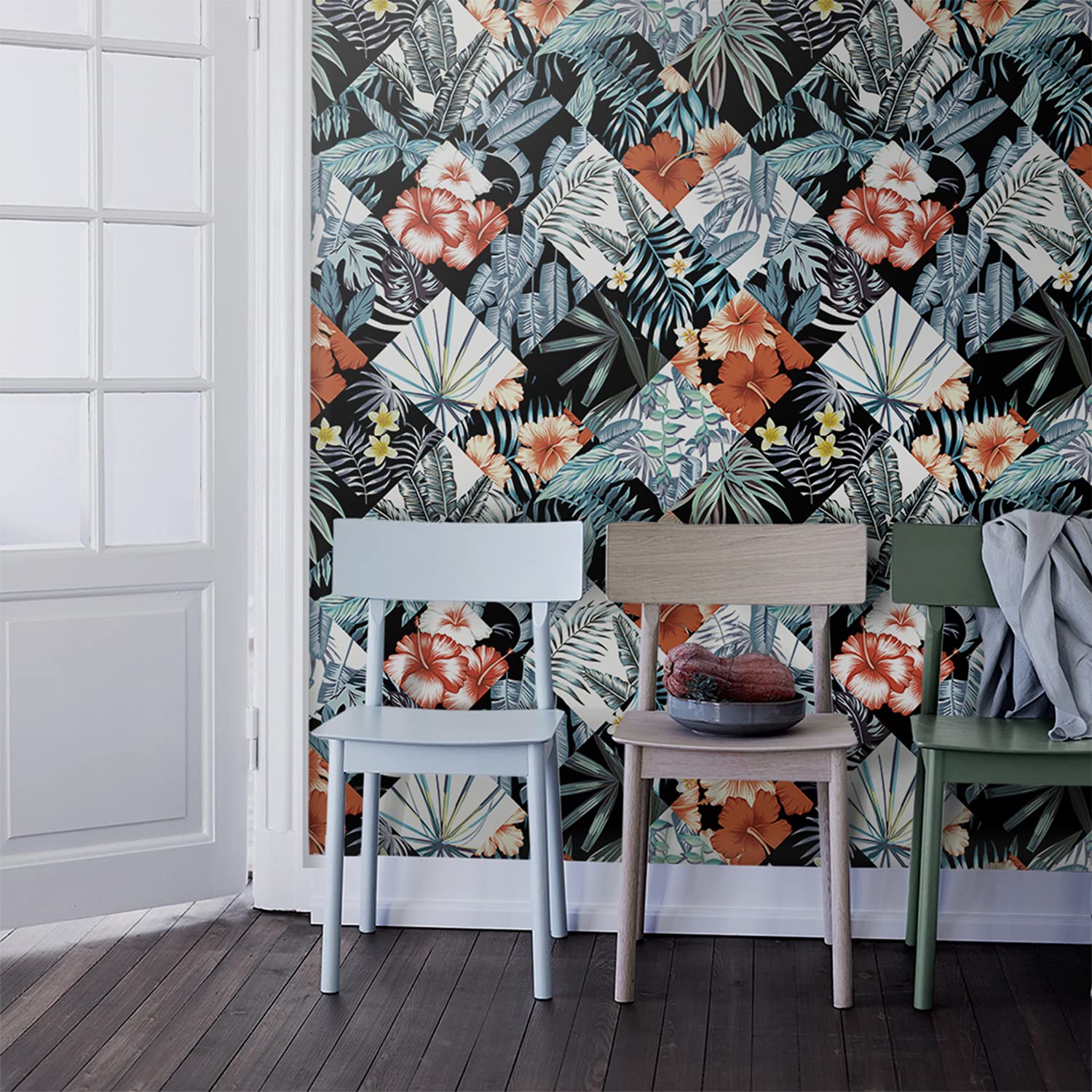 Papier peint tropical patchwork 290x290cm grand format salon chambre