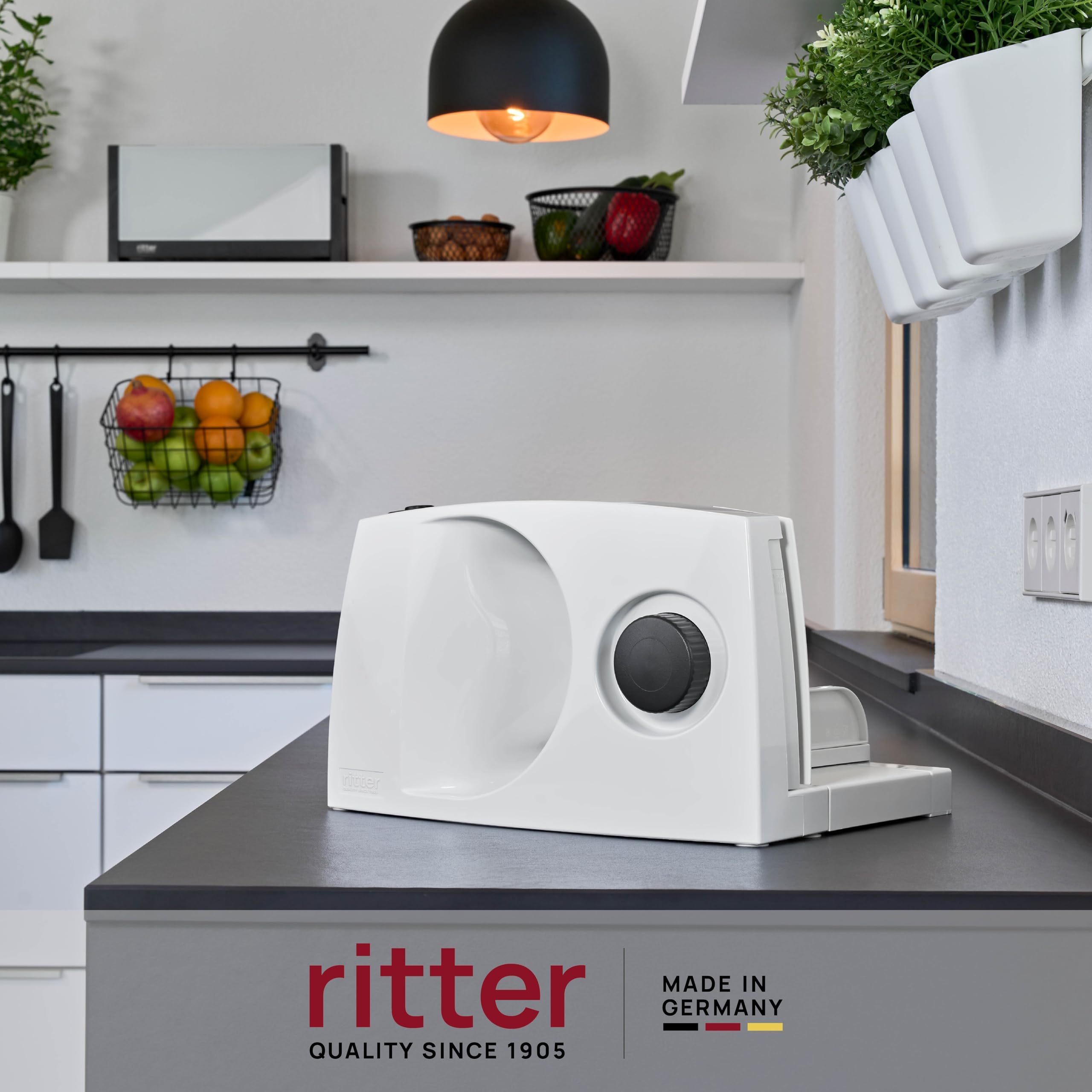 ritter 501.000 Markant 01 Affettatrice elettrica con motore ECO, Fatto in Germania, Bianco, Slitta divisibile, pieghevole