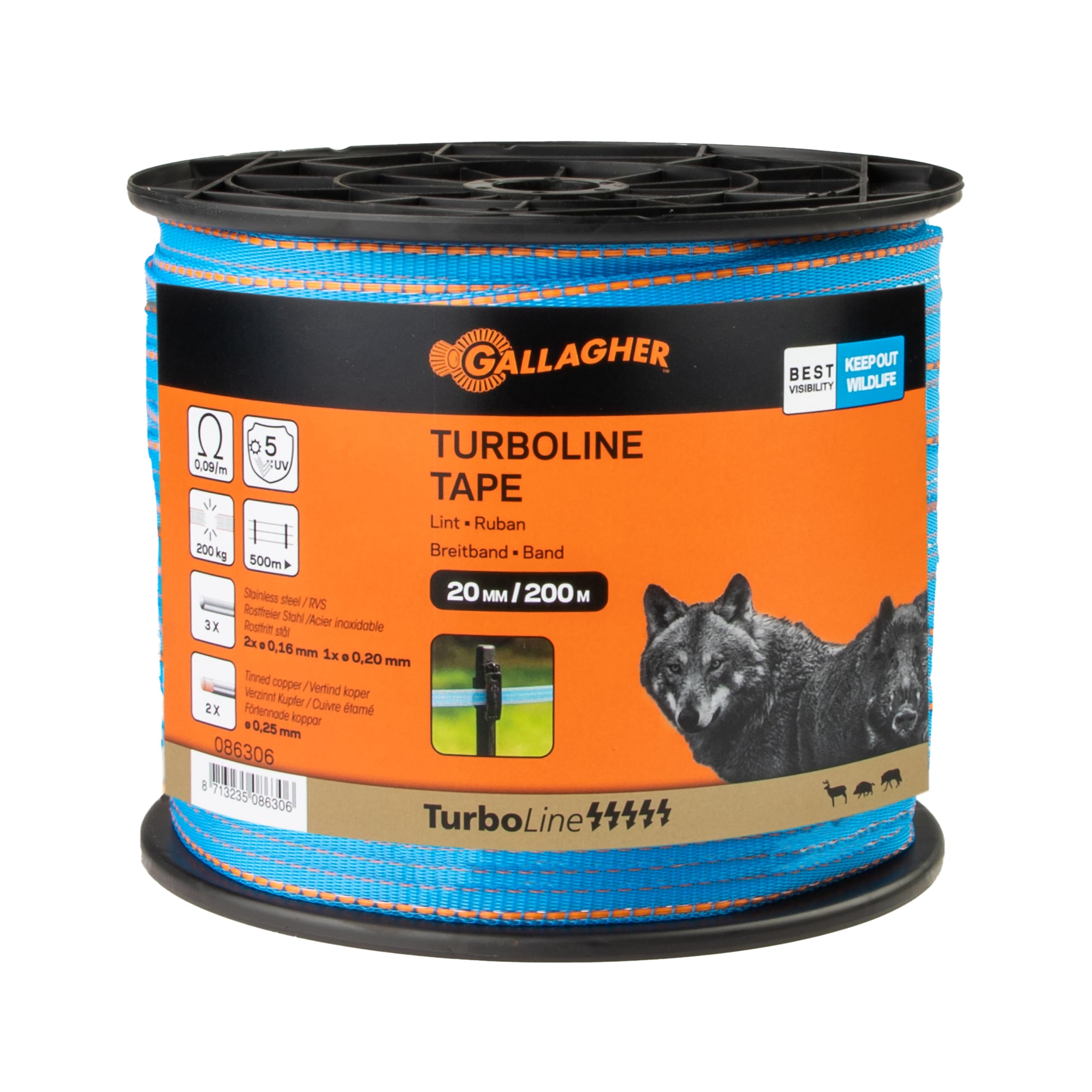 200 m/20 mm Gallagher Weidezaunband TurboLine (blau) - Elektrozaun-Breitband - Geeignet für Pferde, Rinder, Wildschweine, Wölfe - Reißfestigkeit: kg - UV-stabil und lange Lebensdauer - Ausgezeichnete