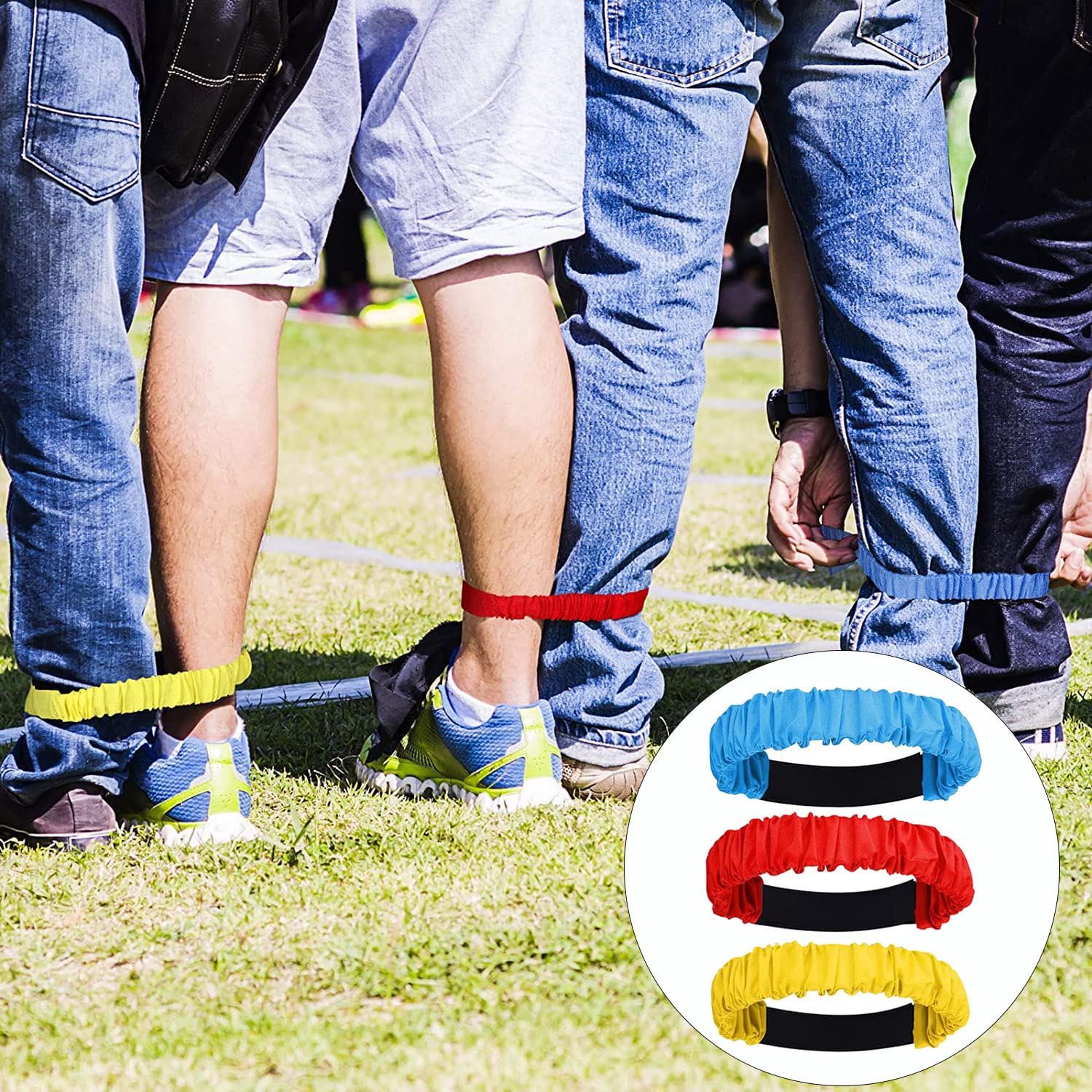 SYEYCW 4 Pièces Bandes de Course à 3 Pattes pour Adultes, Bande de Course à Trois Jambes Pied Élastique avec Adhésifs Magiques, pour Relais Carnaval, Jeux d'Équipe, 4 Couleurs