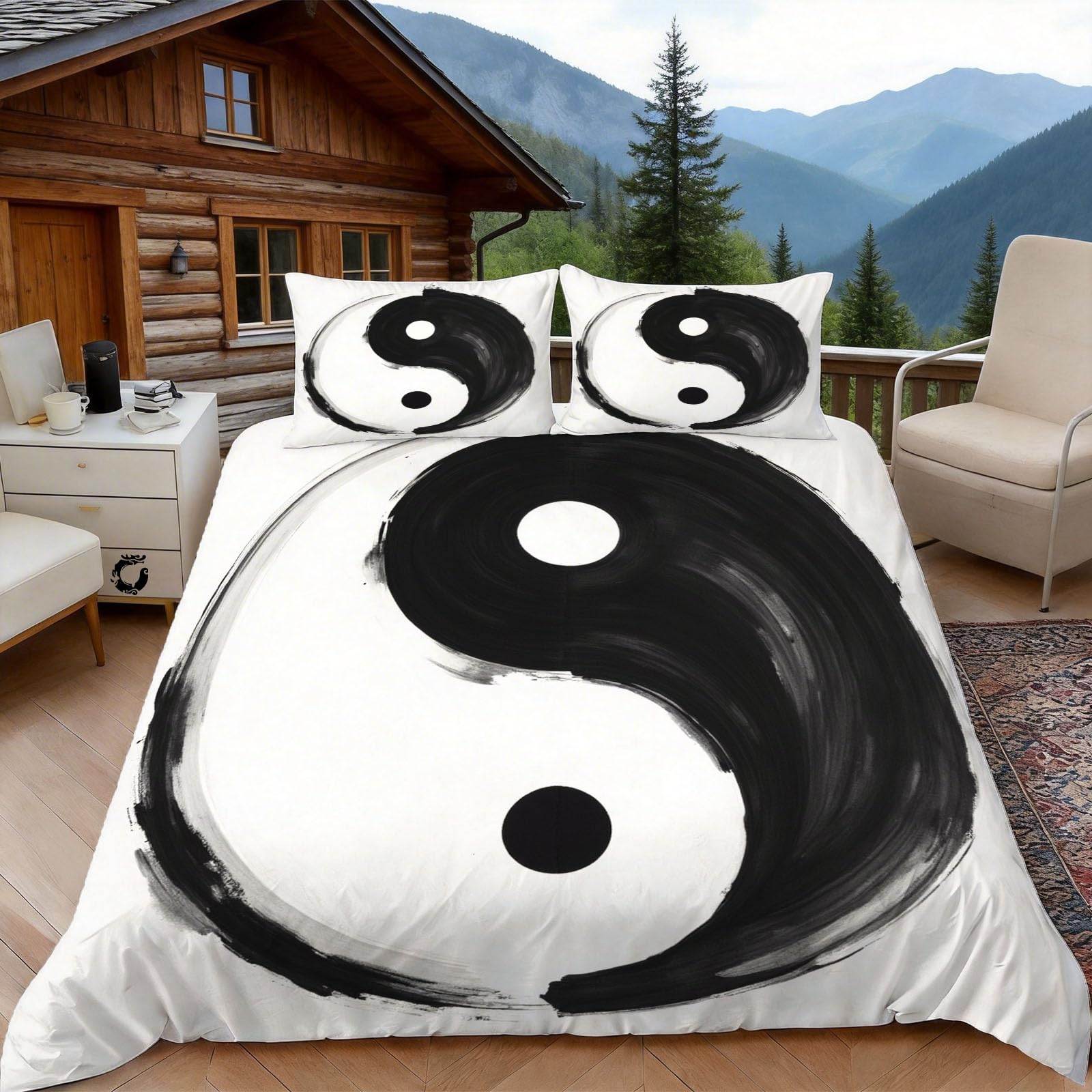 3D Double Duvet Set 3D Printed Yin Yang Bedding, Mystical Soft Microfibre Duvet Cover Sets Quilt Cover and Pillow Set with Zipper 3 Pcs