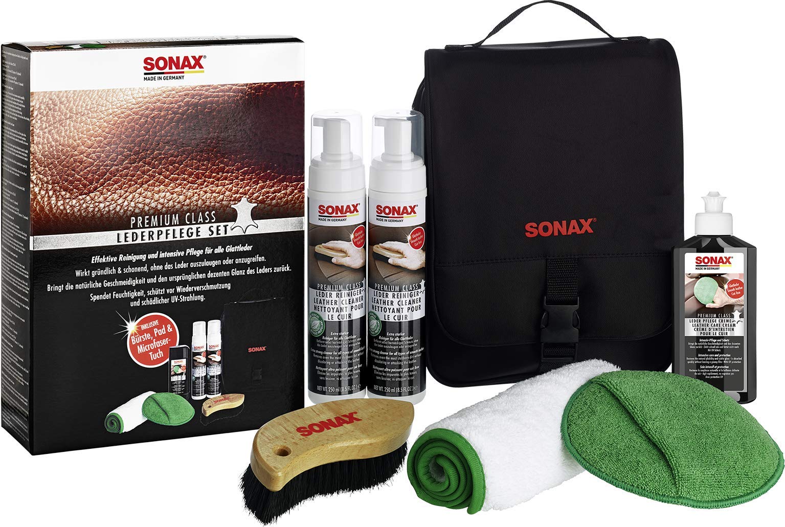 SONAX PremiumClass LederPflegeSet (3x 250 ml) inkl. 2x LederReinger, 1x LederPflegeCreme, 1x MicrofaserTuch; 1x MicrofaserPflegePad, 1x IntensivreinigungsBürste & MicrofaserPflegePad (1 Stück)