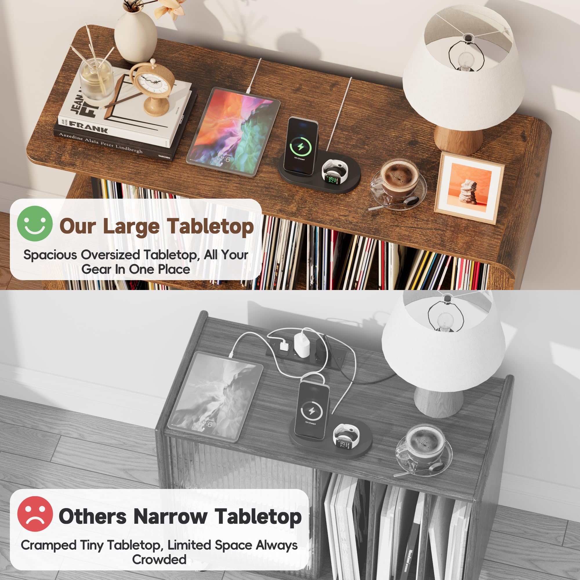 BACEKOLL Plattenspieler Regal mit EU-Steckdose & LED Beleuchtung, Schallplatten Aufbewahrung für 250+ LPs, Großer Plattenspieler Tisch mit USB-Anschluss, Mediaschrank für Wohnzimmer, Walnuss 108x45x73